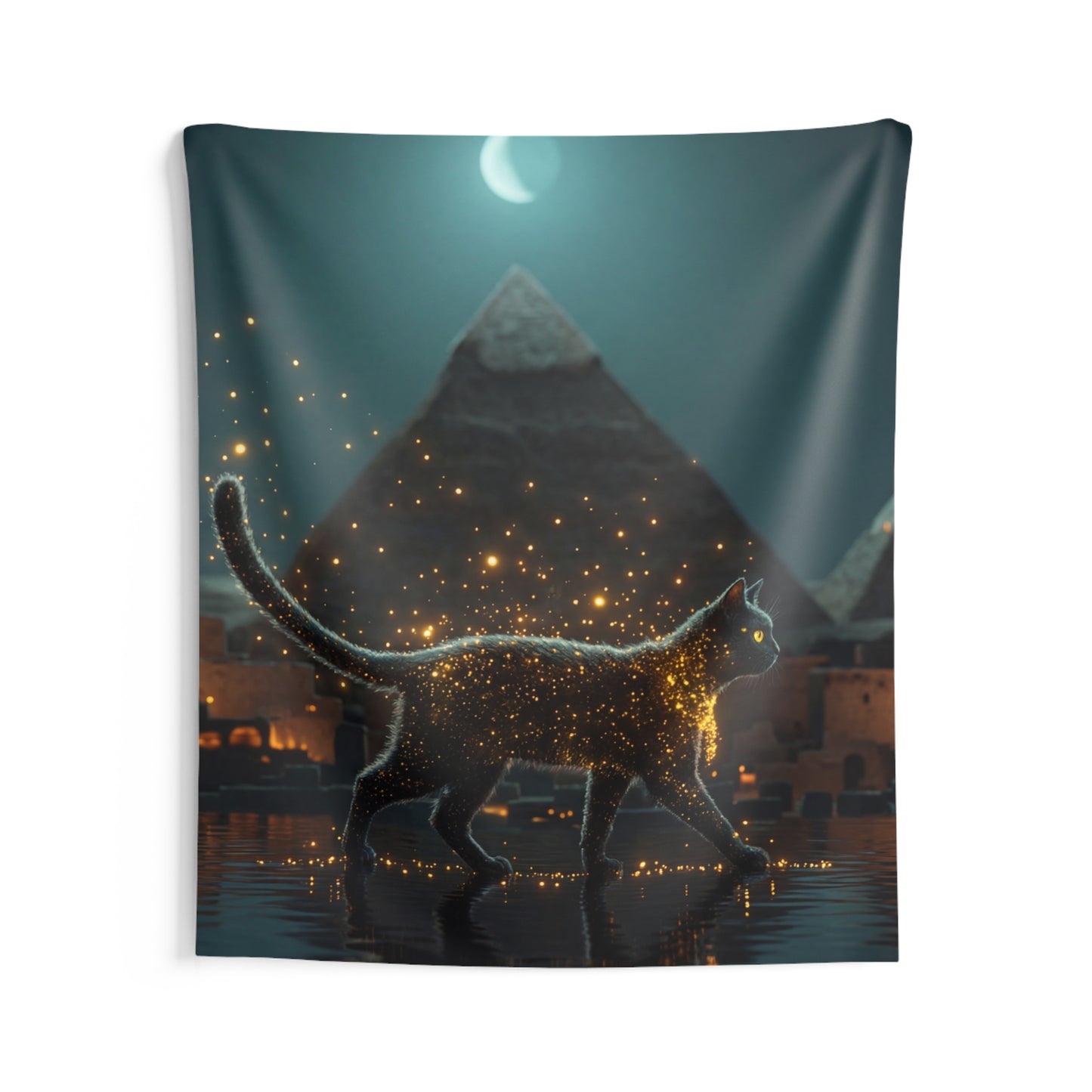 Starlit Cat by Pyramids Indoor Wall Tapestries – Midnight Magic in the Nile