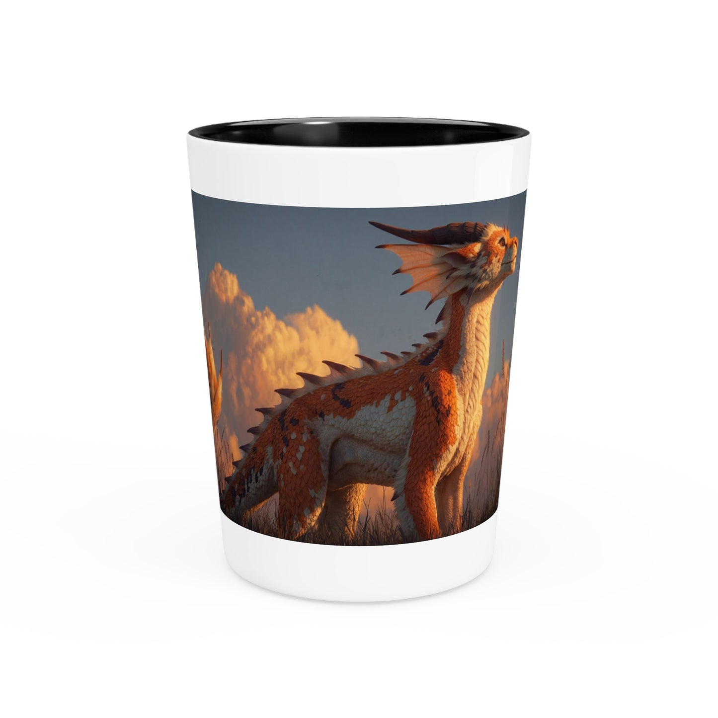 Sunset Sentinel Shot Glass – Amber Dragon in Golden Grasslands