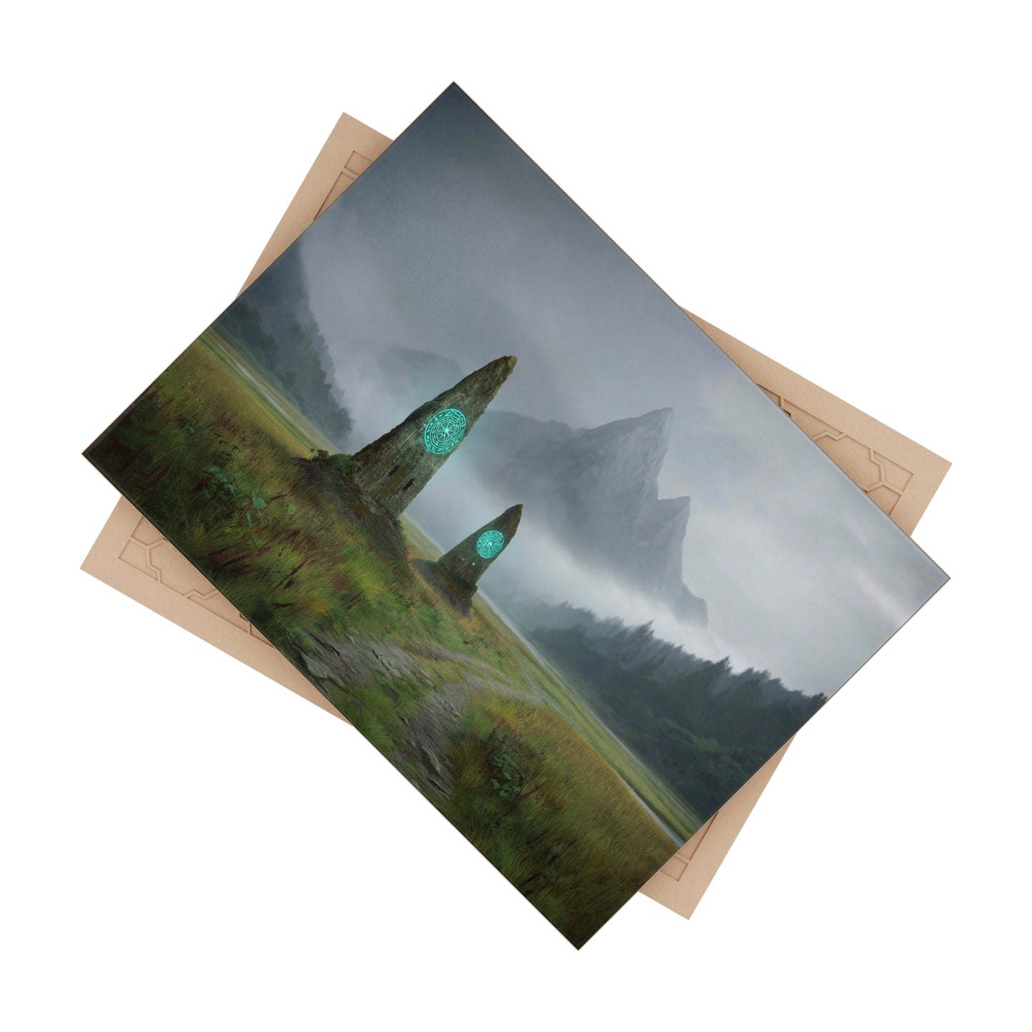 Ancient Portal Stones Ceramic Photo Tile – Glowing Path Through Misty Peaks