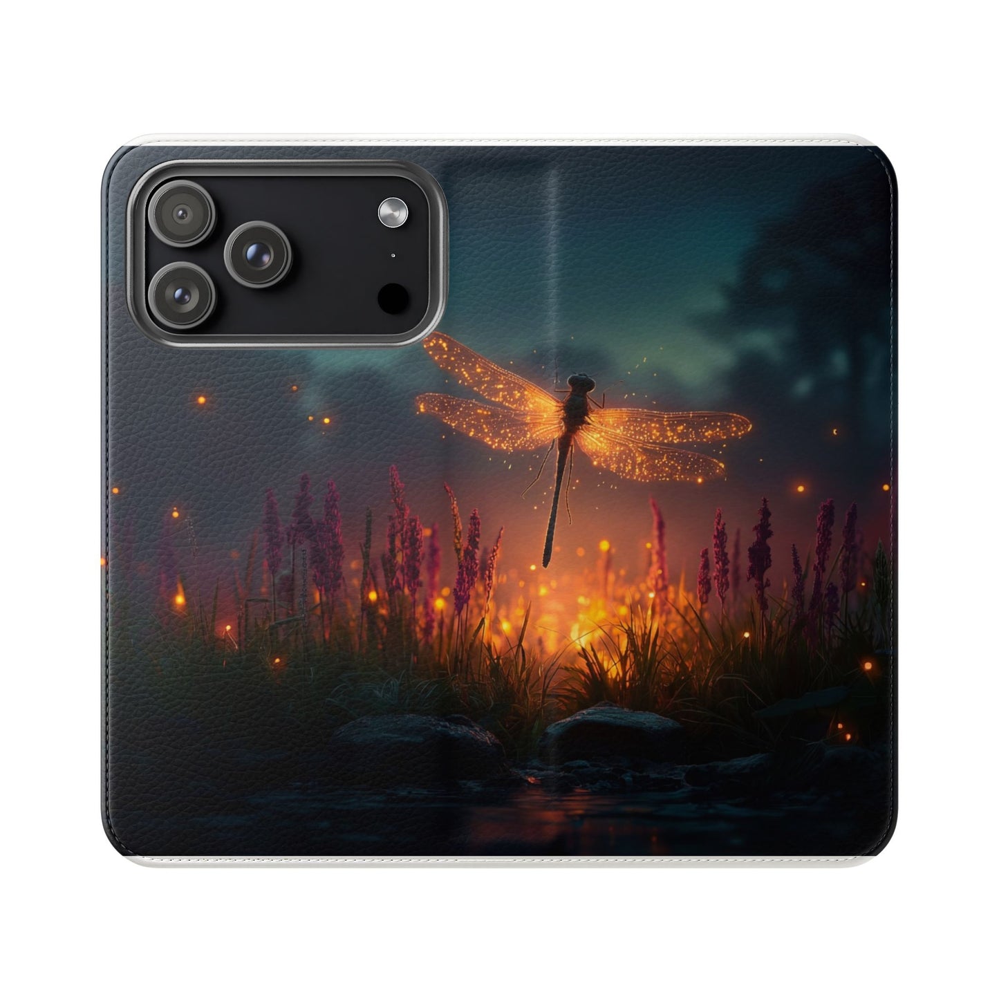 Bioluminescent Dragonfly Flip Cases – Glowing Amber Wings Over Twilight Marsh