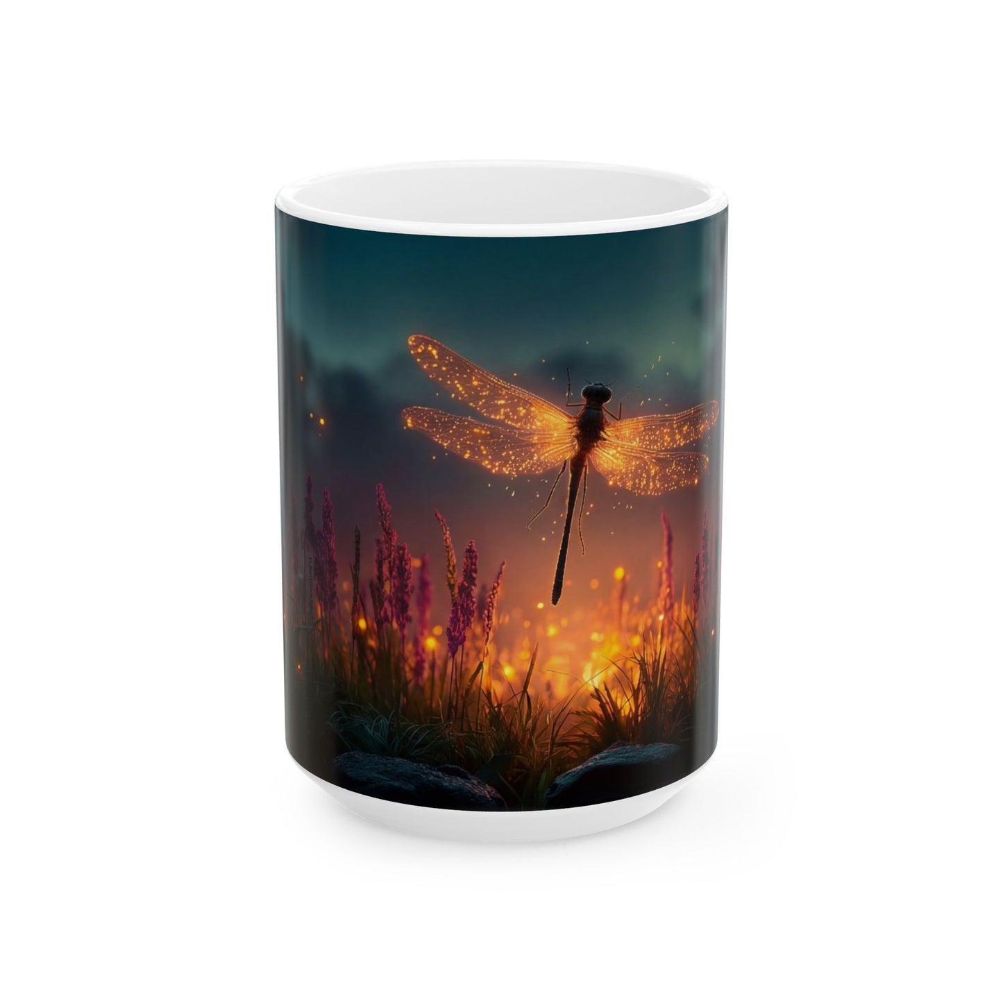 Glowing Dragonfly Ceramic Mug – Twilight Meadow Dreamscape