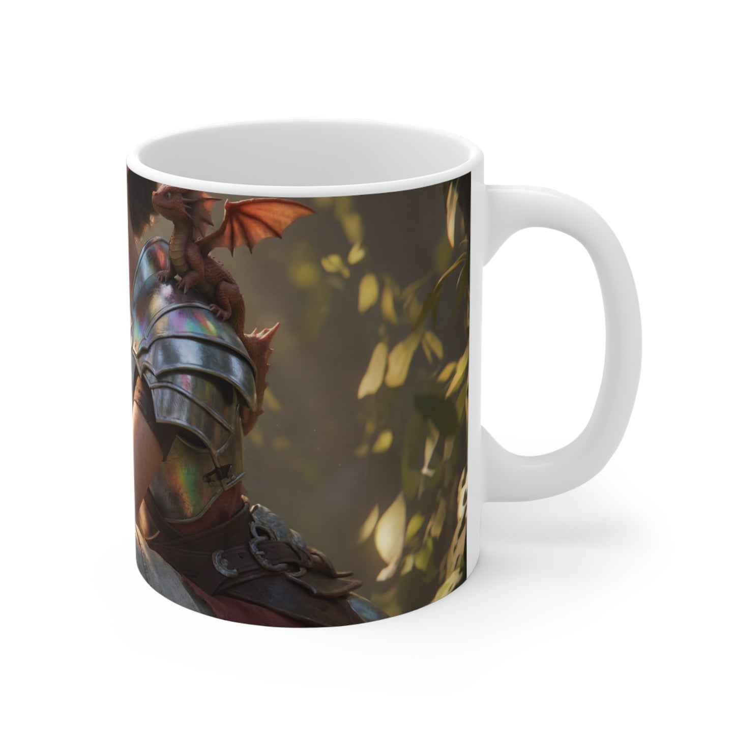 Elf Sentinel Ceramic Mugs (11oz\15oz\20oz) – Sunlit Grove with Tiny Dragon Companion