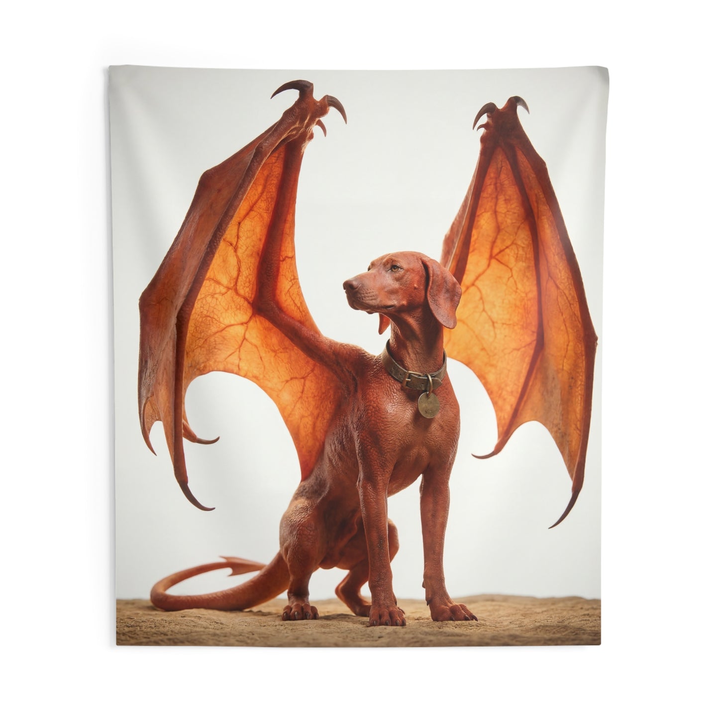 Winged Canine Sentinel Indoor Wall Tapestries – Amber Glow Against Soft Sky