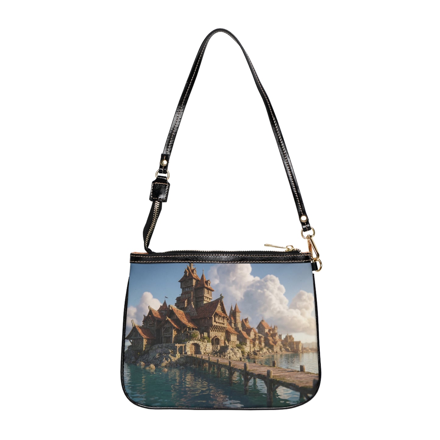 Coastal Viking Village Shoulder Bag – Sunlit Stone & Timber Dreamscape