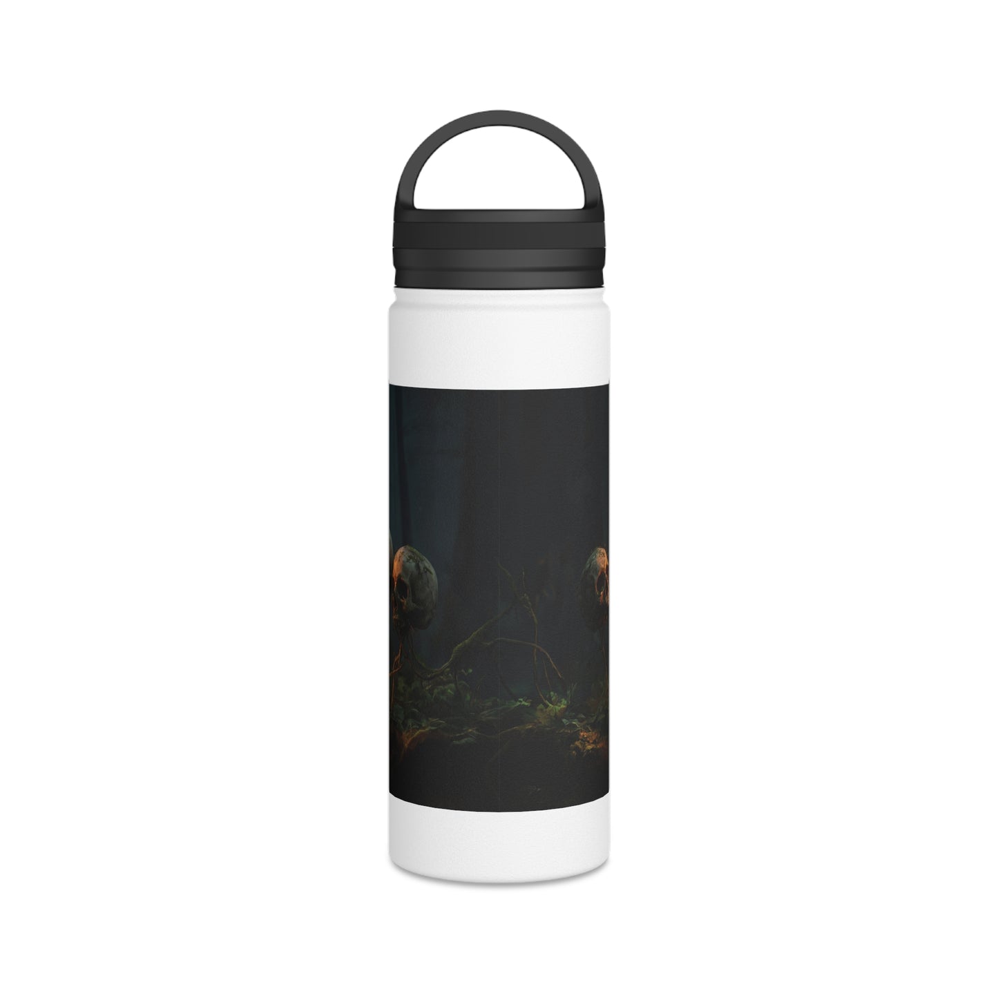 Glowing Lightbulb in Haunted Forest Stainless Steel Water Bottle, Handle Lid – Illuminated Wisdom Amidst the Roots