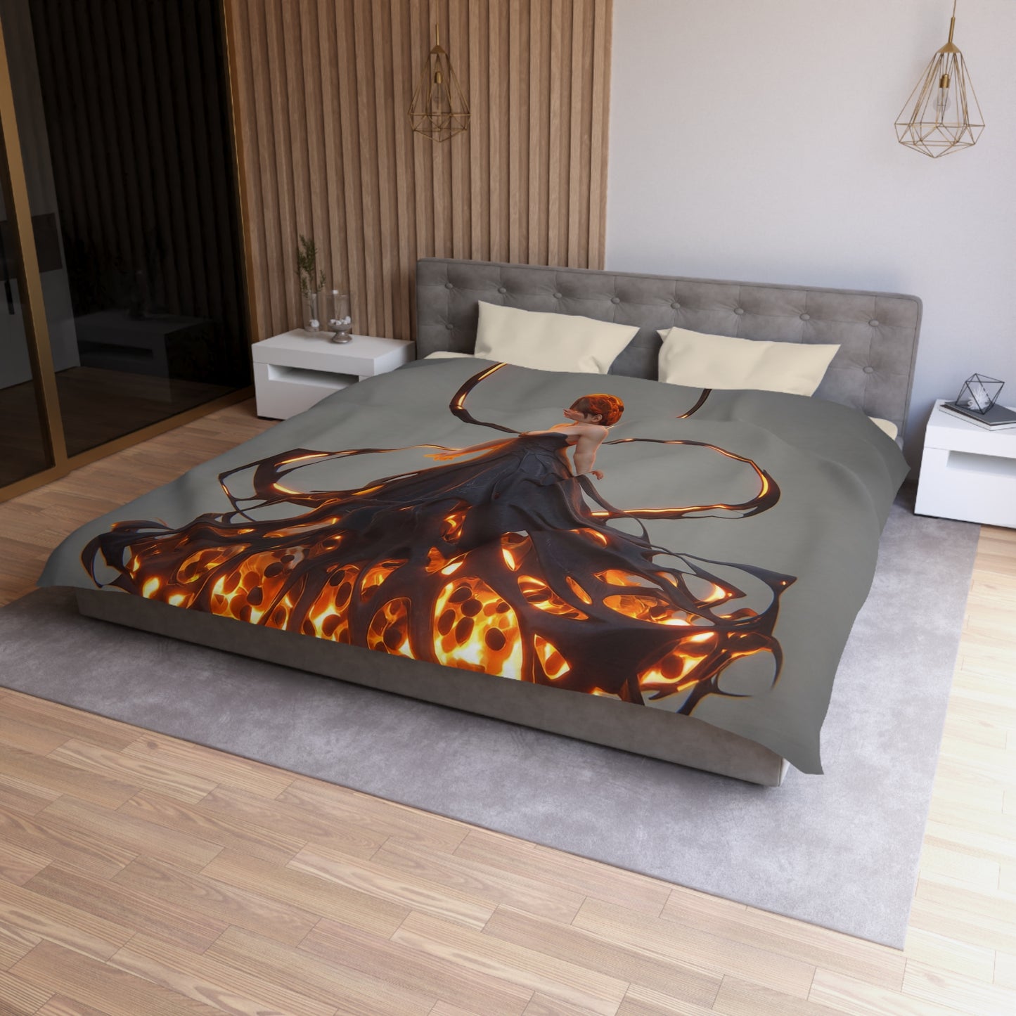 Luminescent Veil Duvet Cover – Floating Goddess in Amber Glow