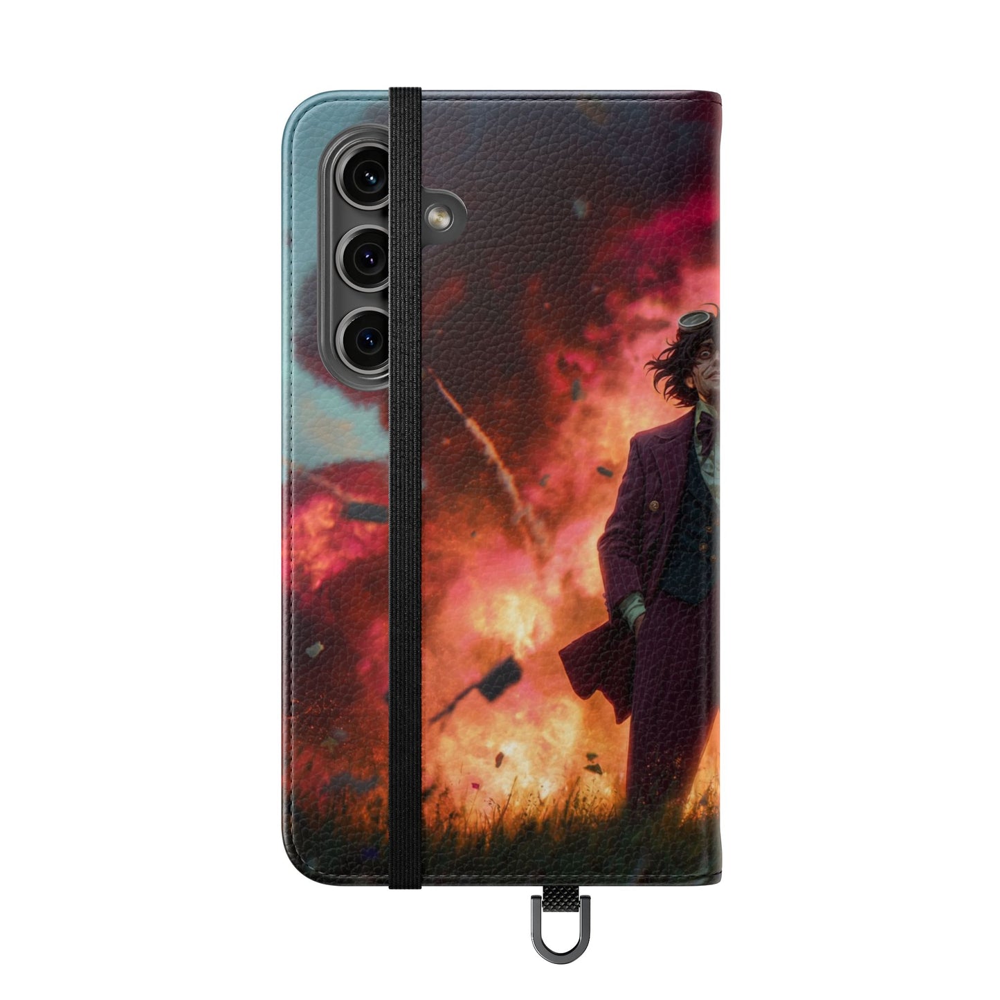 Goggles & Chaos Flip Cases – Purple Suit Amidst Fiery Explosion