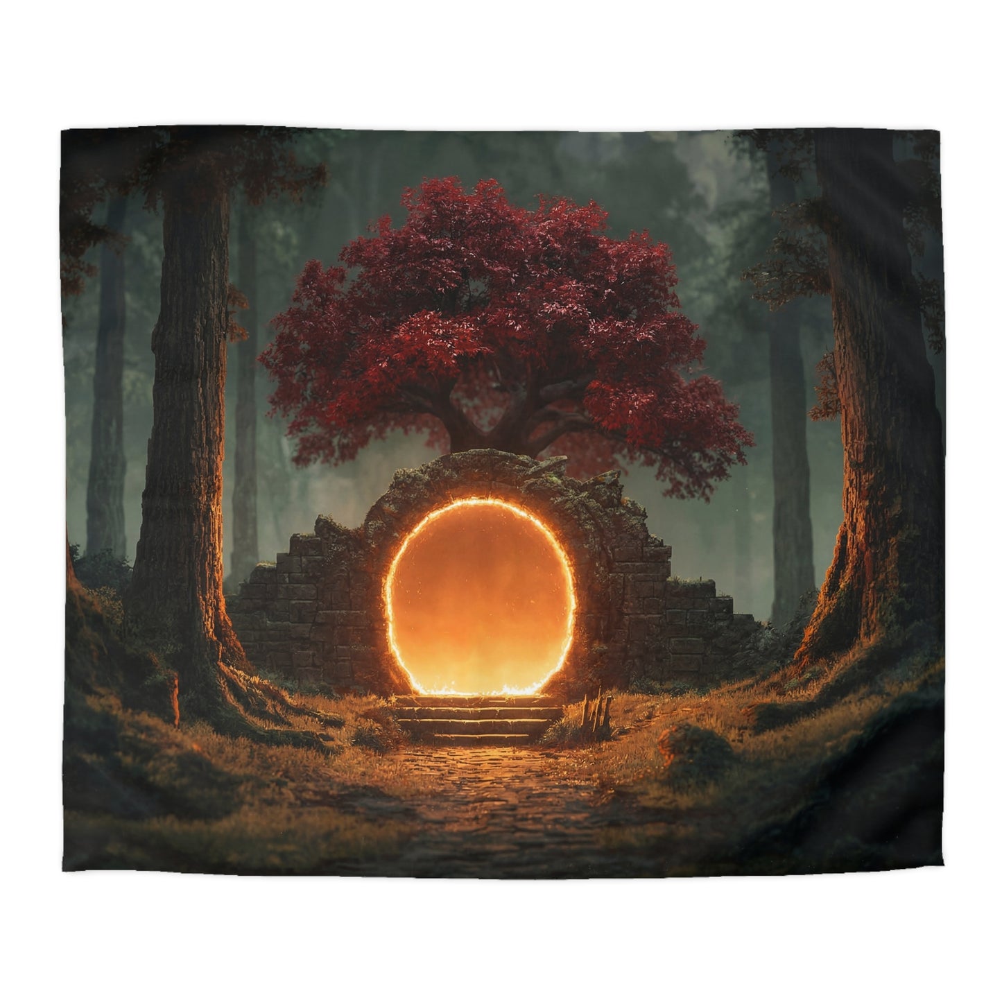 Crimson Portal Duvet Cover – Whispering Forest Gateway