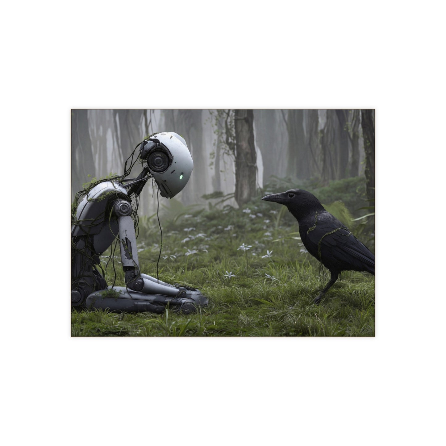 Forest Oracle Ceramic Photo Tile – Rustic Robot and Raven Dialogue