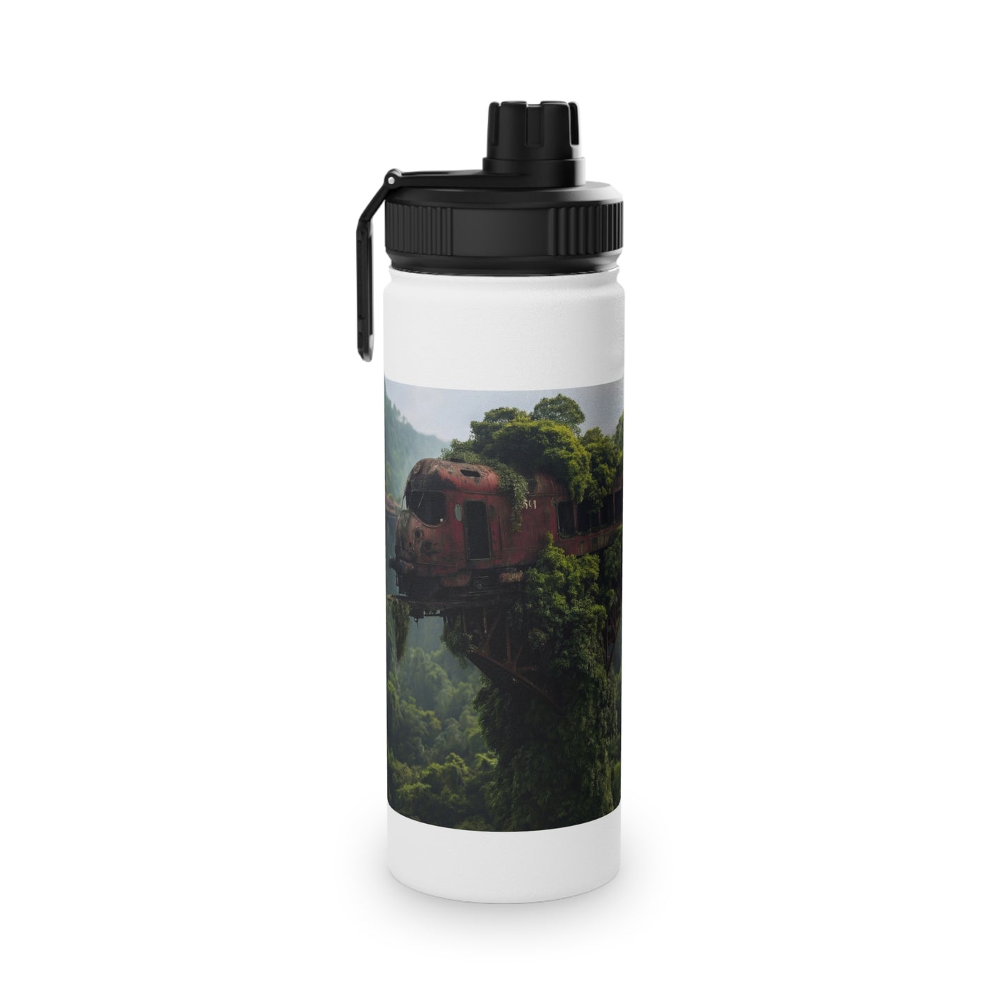Abandoned Train Through Verdant Canopy Stainless Steel Water Bottle, Sports Lid – Timeless Forest Journey