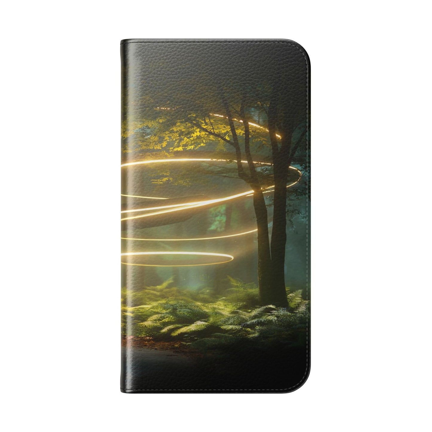 Luminous Spiral Forest Flip Cases – Golden Light Rings Mystery Scene