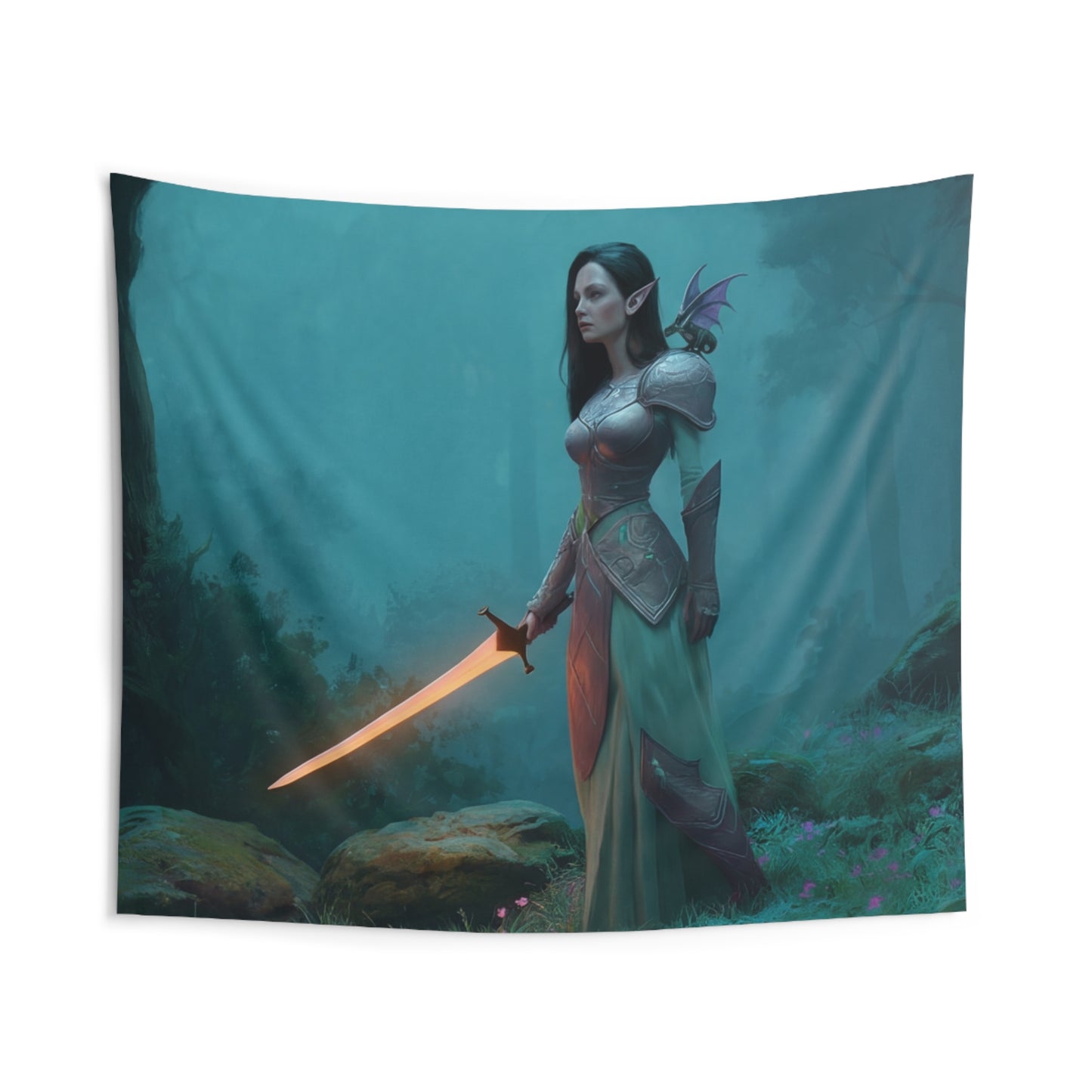 Elven Sentinel Indoor Wall Tapestries – Sword Lit by Twilight Moss