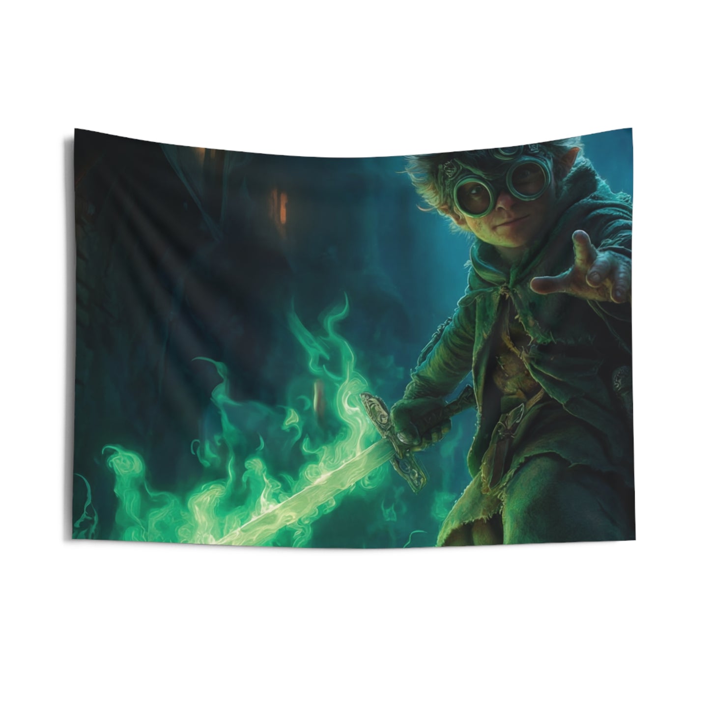 Green-Eyed Mage with Glowing Sword Indoor Wall Tapestries – Midnight Alley Adventure
