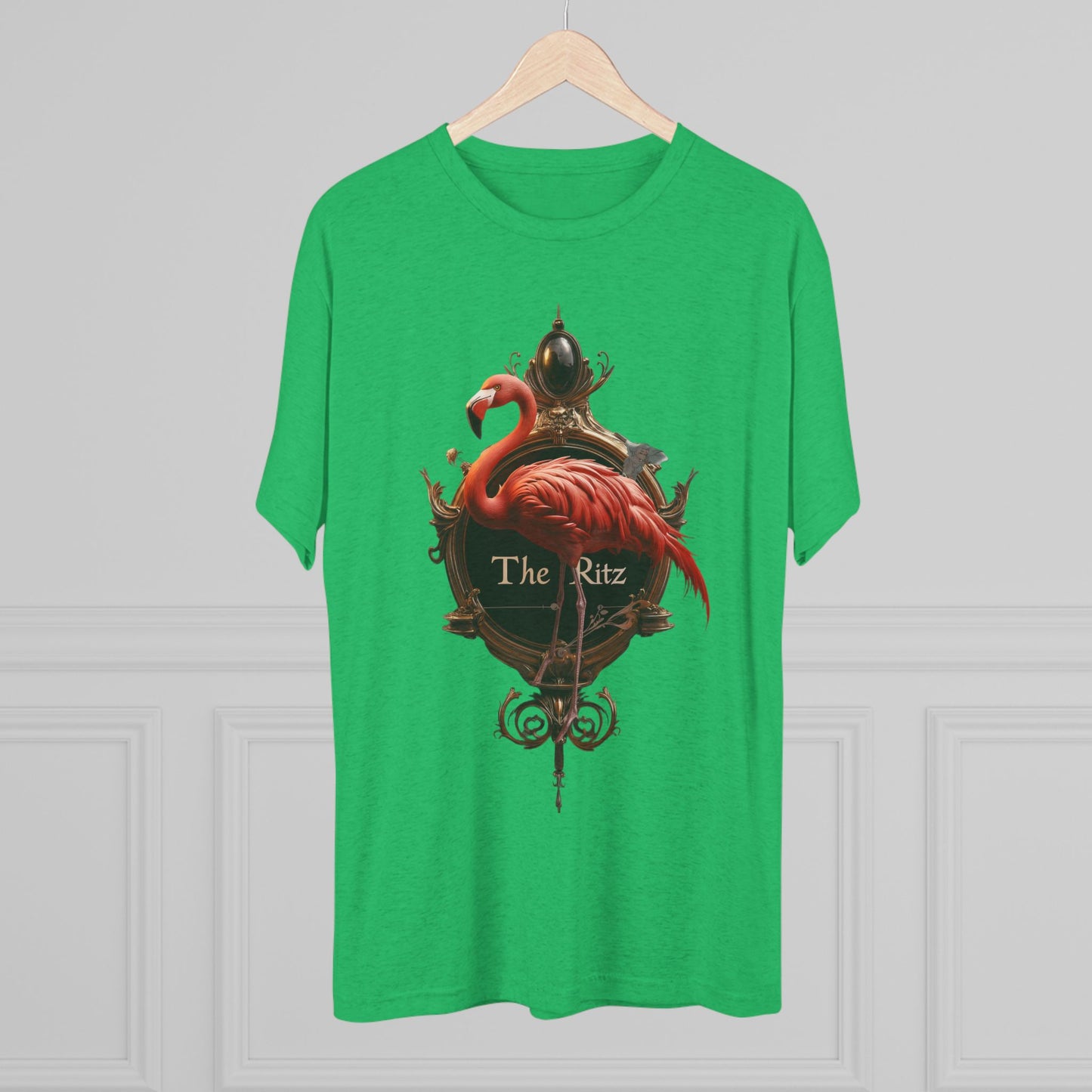 The Ritz Flamingo Sign Tri-Blend Crew Tee – Velvet Gold and Crimson Crest