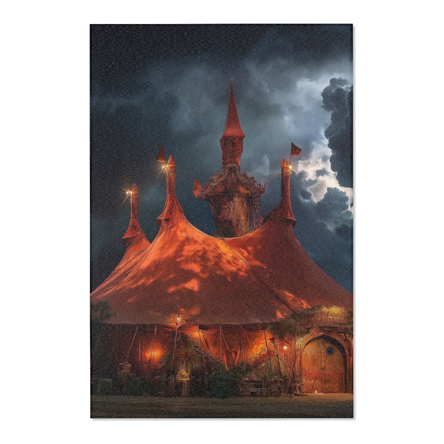 Crimson Carnival Tent Rug – City Skyline Under Thunderous Canopy