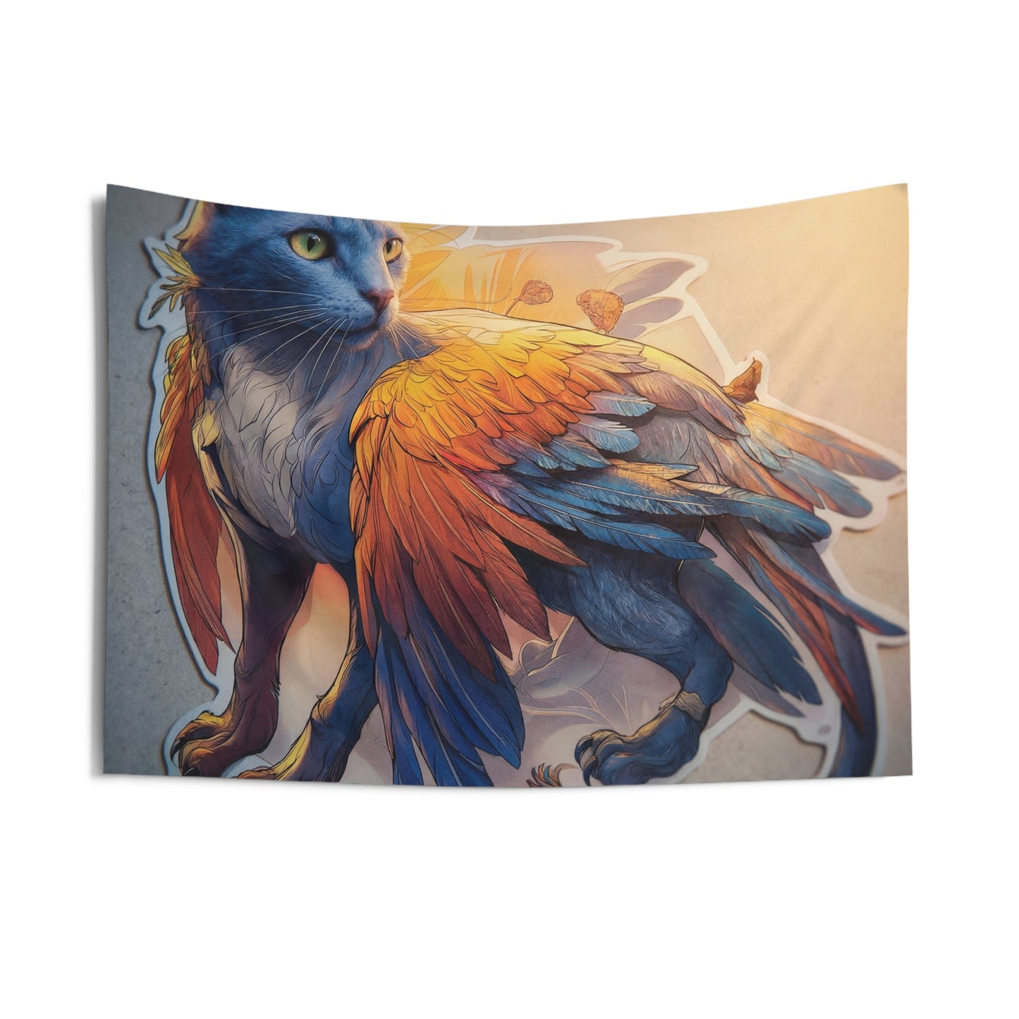 Azure Winged Cat Indoor Wall Tapestries – Sunset Guardian of the Hearth