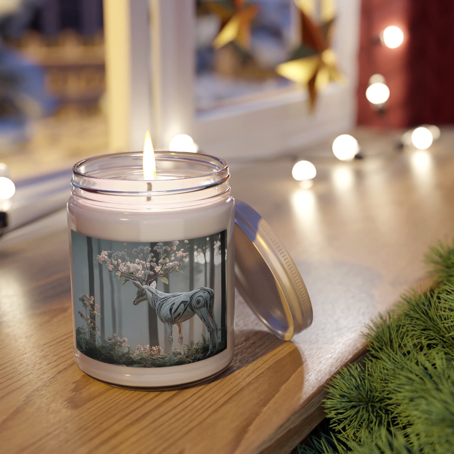 Mechanical Deer with Blossoming Antlers Scented Soy Candles with White Lid, 9oz – Whisper of the Forest’s Heart