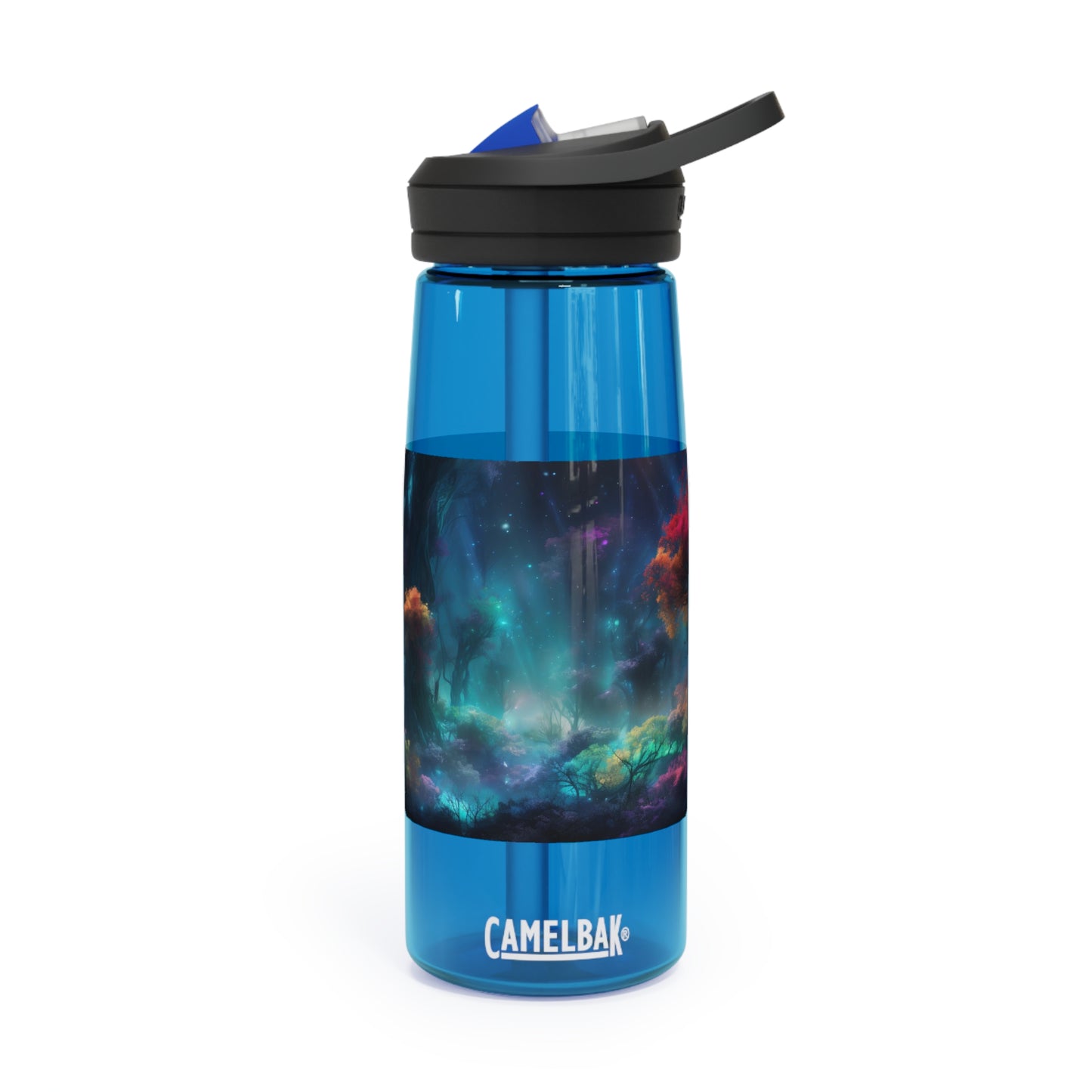 Panoramic digital art of an alien planet's mesmerizing bioluminescent forest, the towering trees adorned with glowing foliage in vivid shades of blue - CamelBak Eddy®  Water Bottle, 20oz\25oz