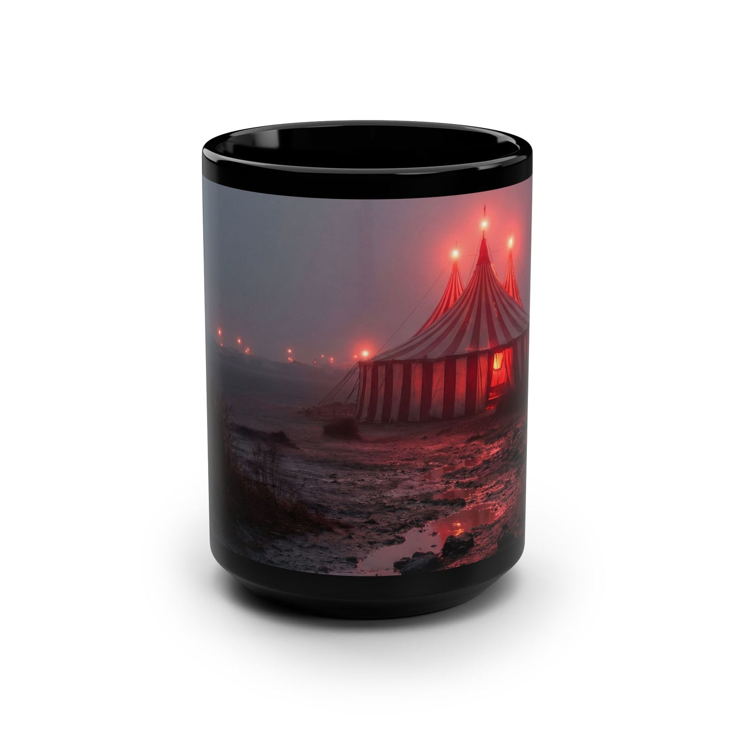 Crimson Circus Tent Mug – Red-Striped Tentside Lantern at Twilight
