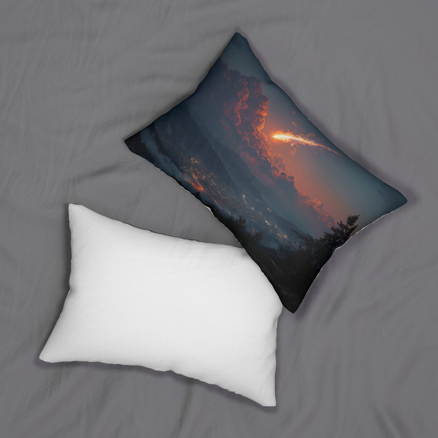 Celestial Firefall Lumbar Pillow – Twilight Skyfall Over Mountain Vale
