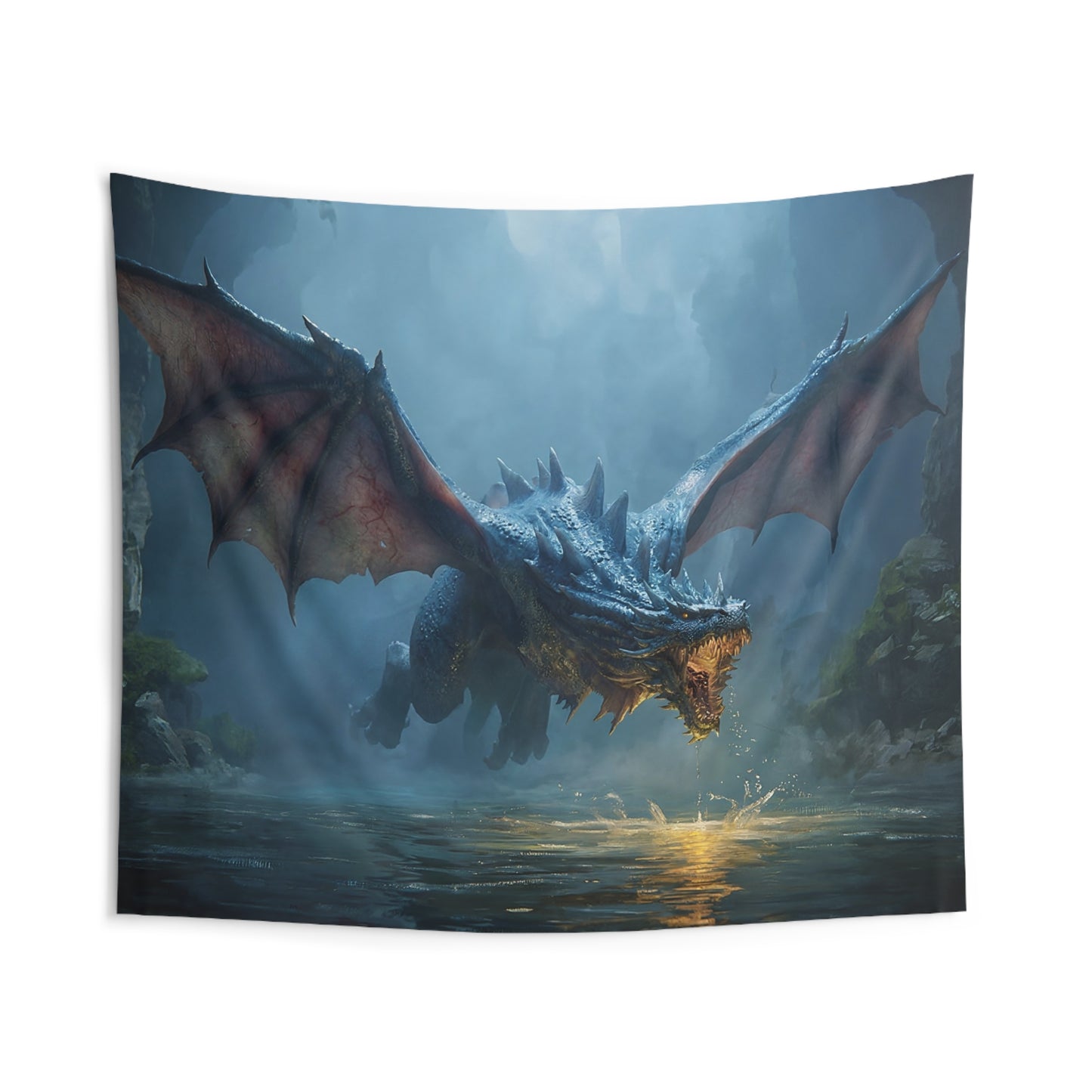 Azure Dragon Soaring Over Misty River Indoor Wall Tapestries – Ancient Waterscape Guardian