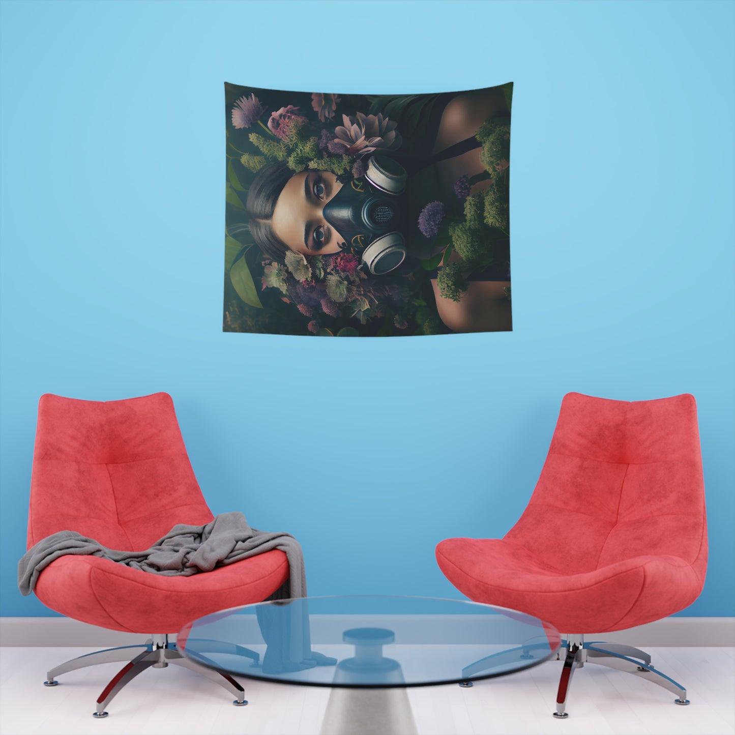 a beautiful woman wearing a gas mask filled with plants and flowers and moss - Printed Wall Tapestry