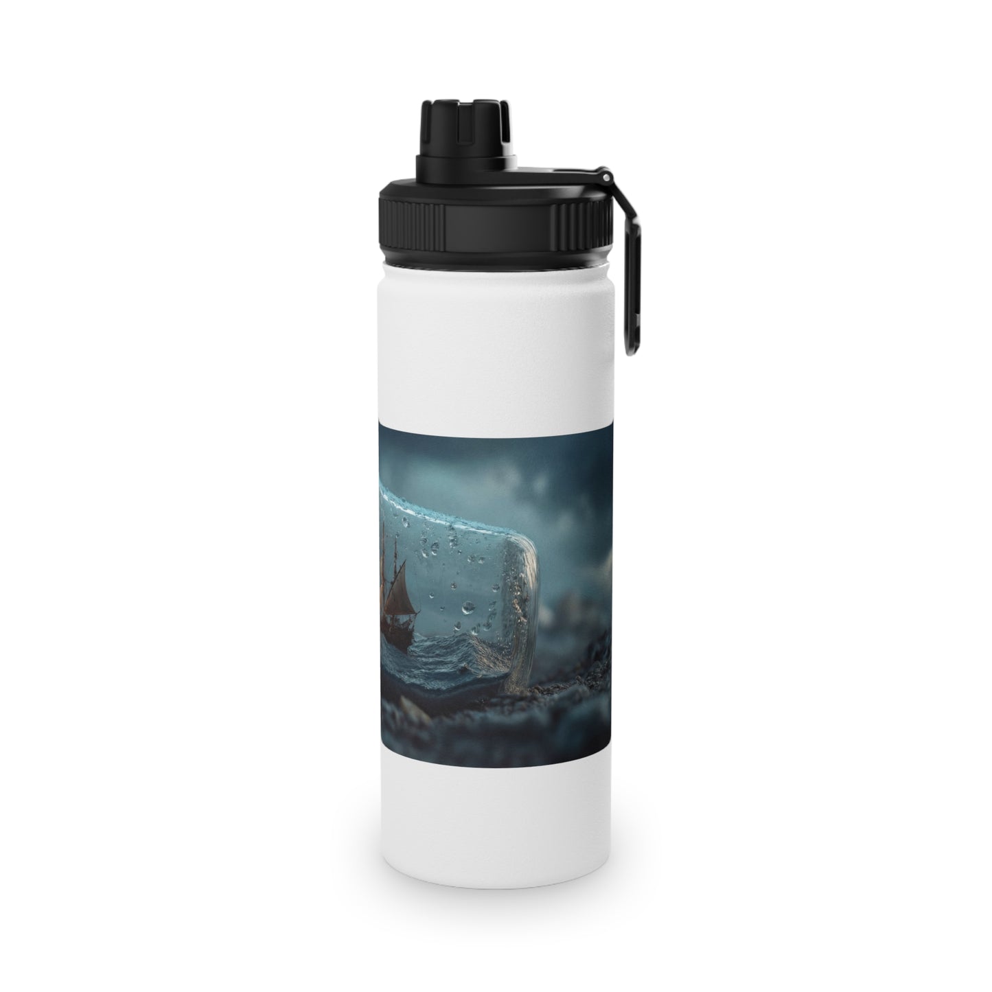 Storm-Sailed Ship in Bottle Stainless Steel Water Bottle, Sports Lid – Captured Tempest at Sea