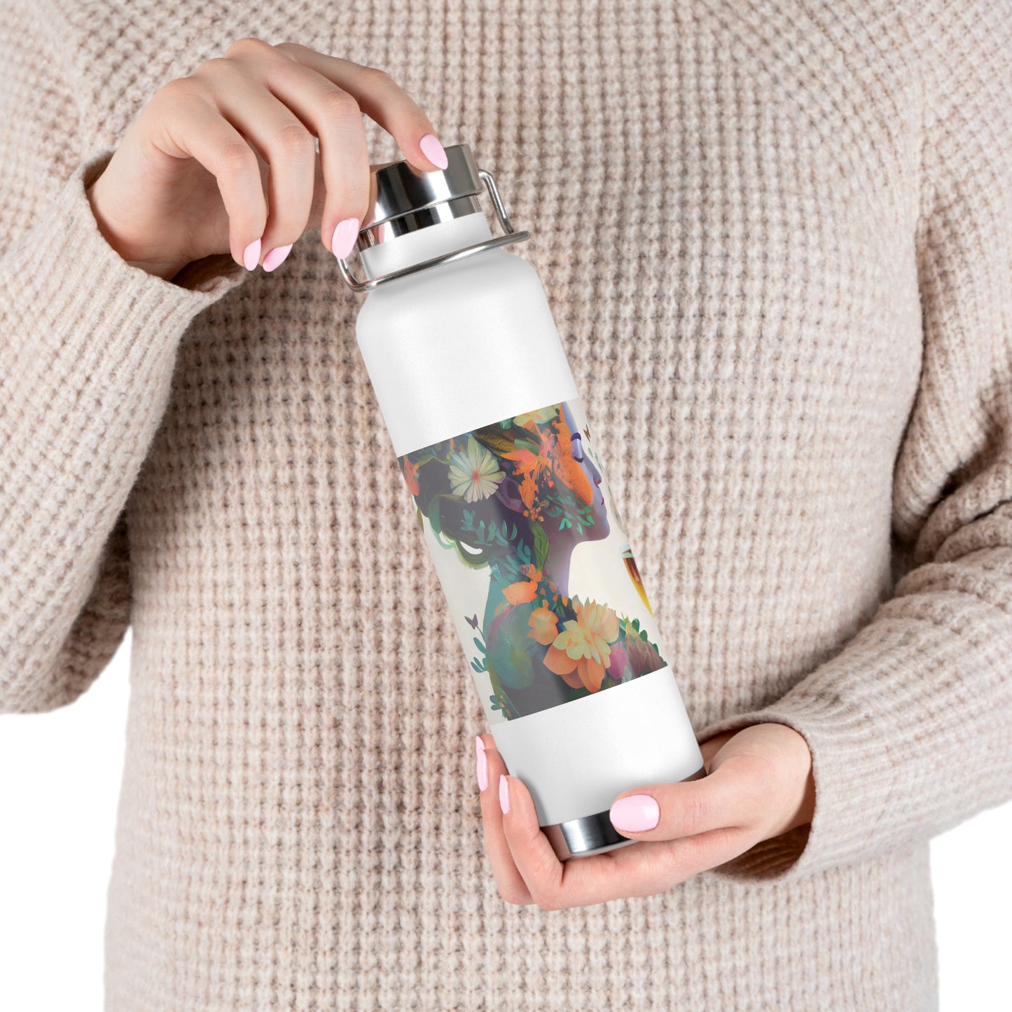 character design, double exposure shot, front profile of a beautiful tea faerie filled with a blooming amazonian jungle, happiness - Copper Vacuum Insulated Bottle, 22oz