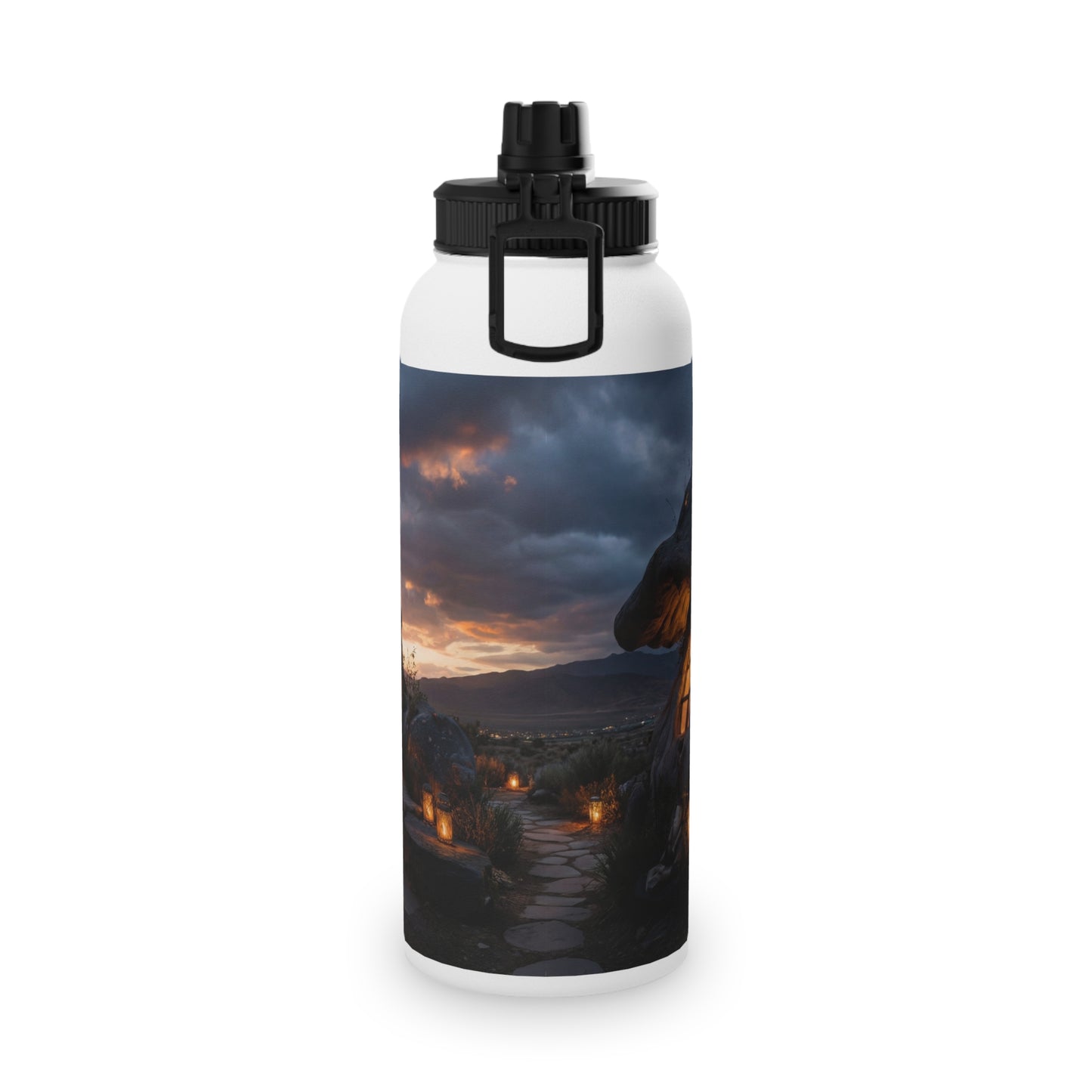 Mushroom Grove Retreat Stainless Steel Water Bottle, Sports Lid – Twilight Fairy Home Dreamscape