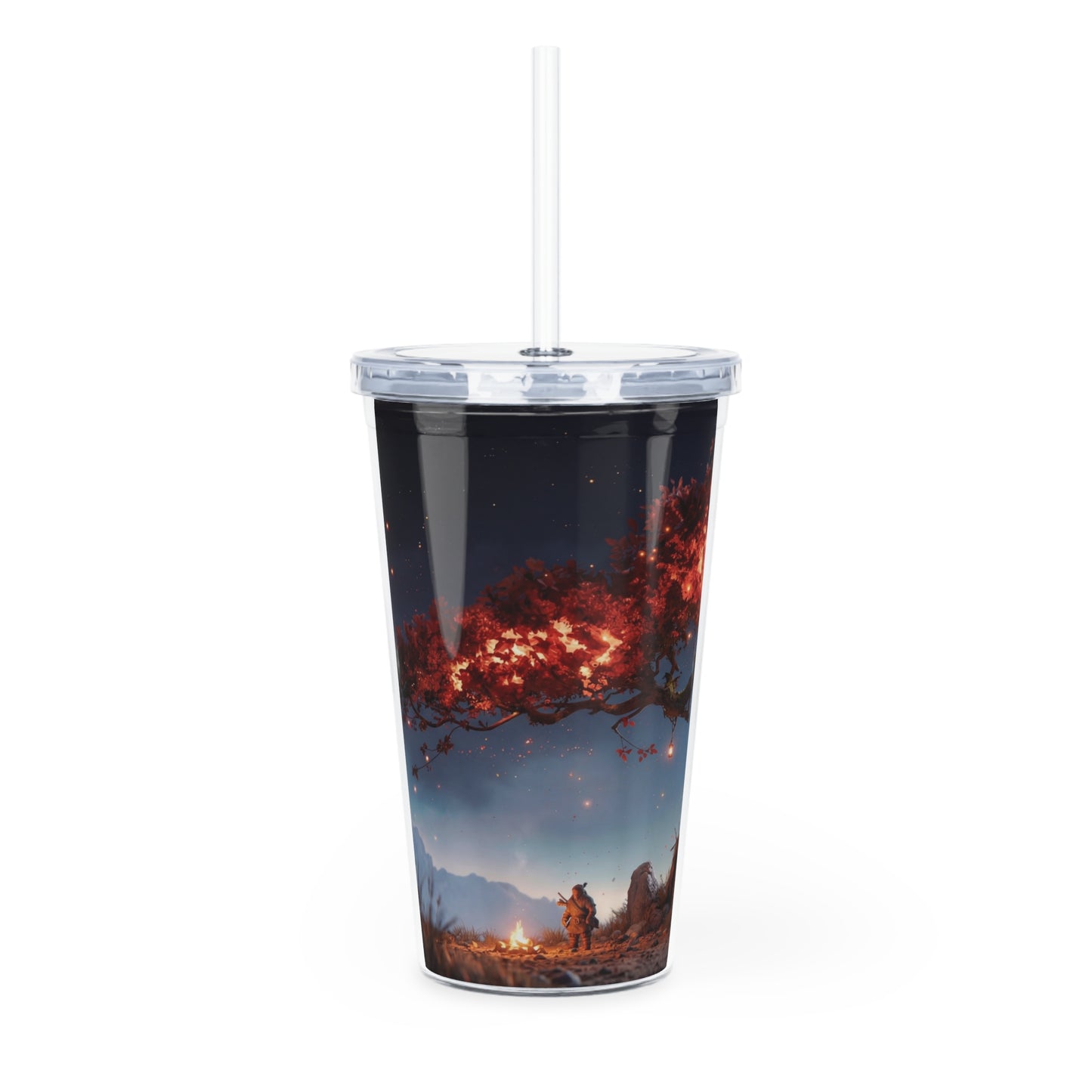 Whispering Ember Tree Plastic Tumbler with Straw – Moonlit Haven Under Crimson Canopy