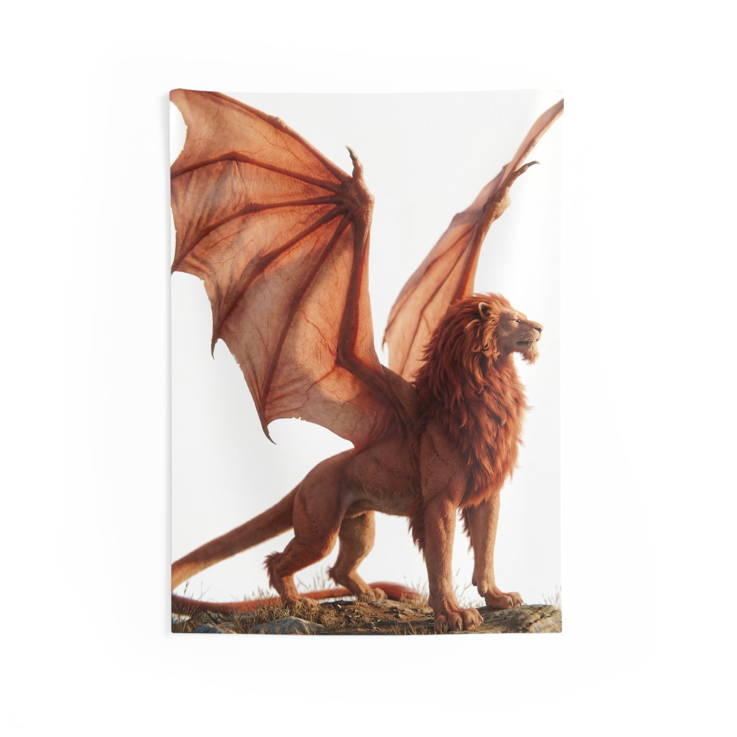 Winged Lion Sentinel Indoor Wall Tapestries – Sunset Majesty on a High Ridge