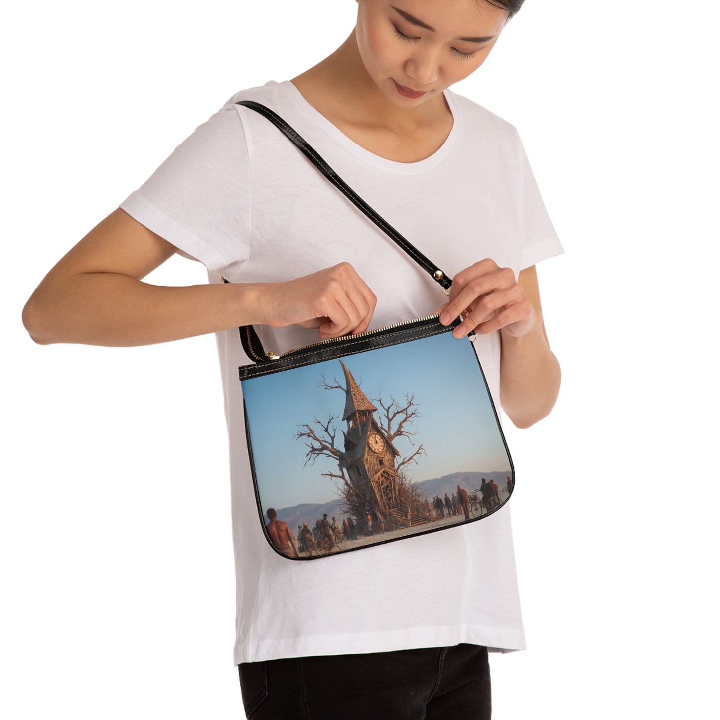 Clock Tower in the Desert Tree Small Shoulder Bag – Whimsical Timekeeper in a Withered Grove