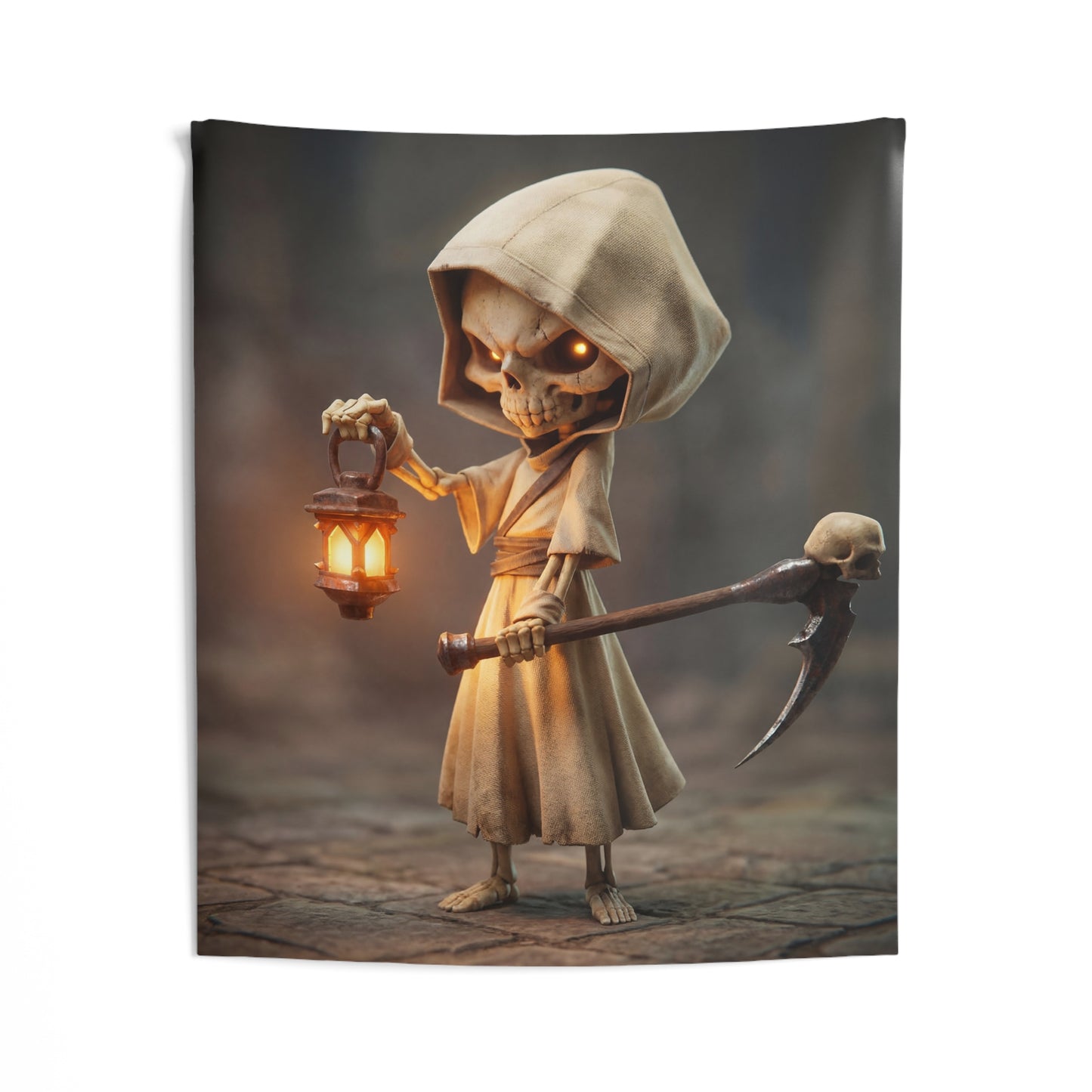 Lantern-Bearing Reaper Indoor Wall Tapestries – Warm Glow Through the Veil