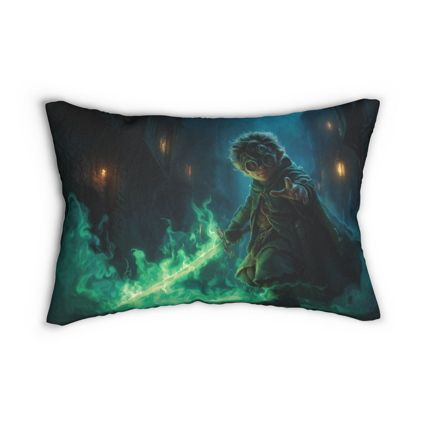 Green-Eyed Apprentice Lumbar Pillow – Midnight Alley Sword Glow
