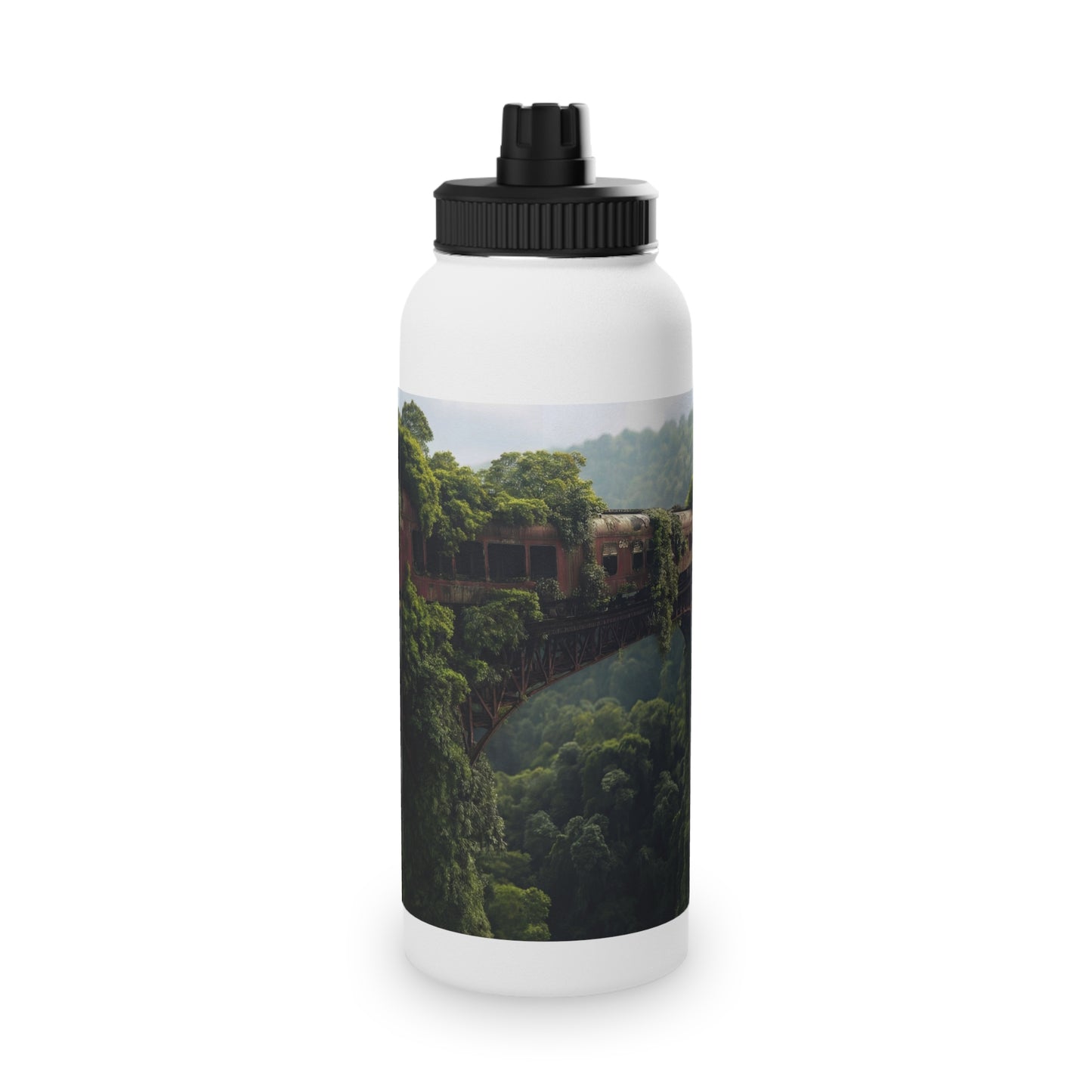 Abandoned Train Through Verdant Canopy Stainless Steel Water Bottle, Sports Lid – Timeless Forest Journey