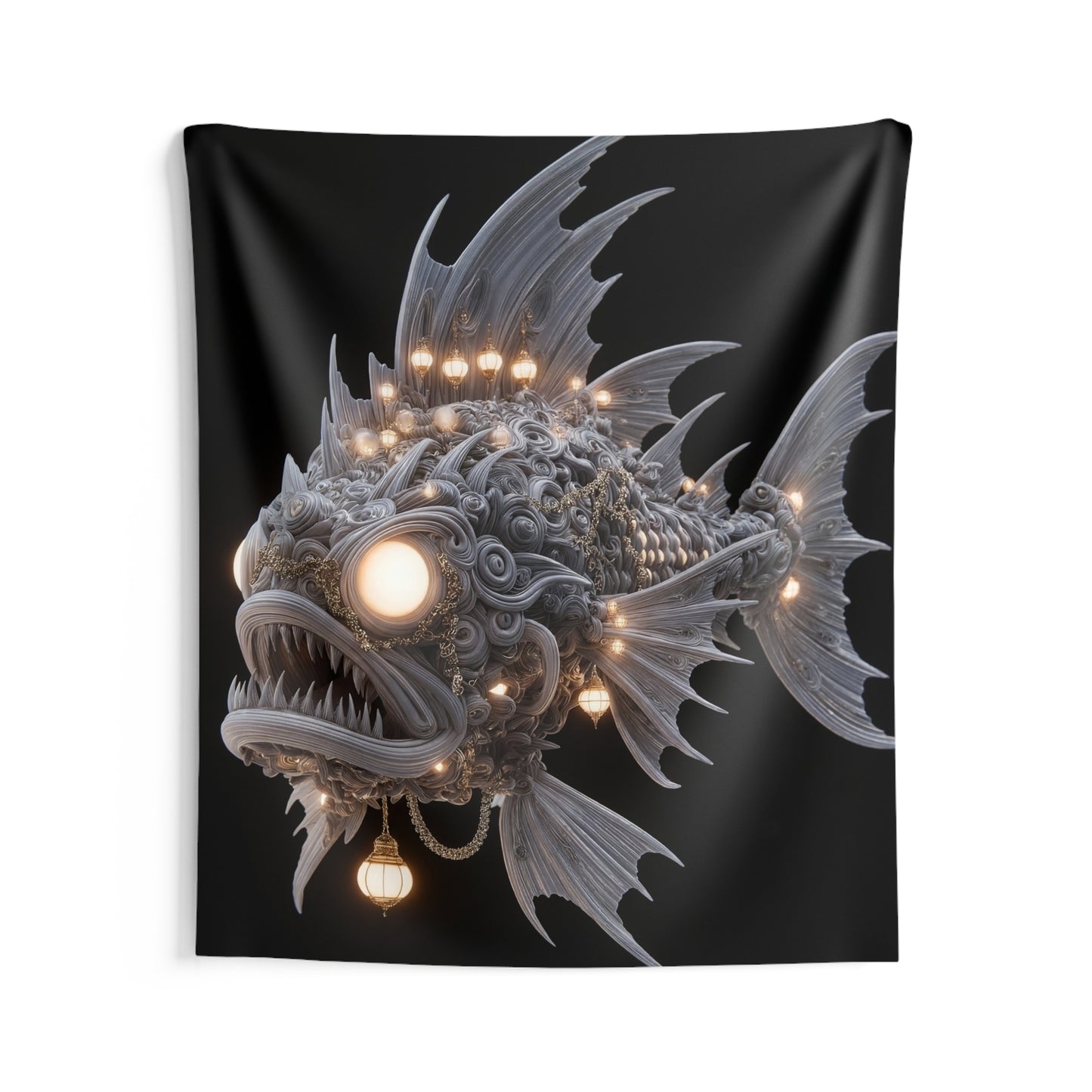 Luminescent Deep-Sea Leviathan Tapestry – Gilded Lanterns in Abyssal Depths