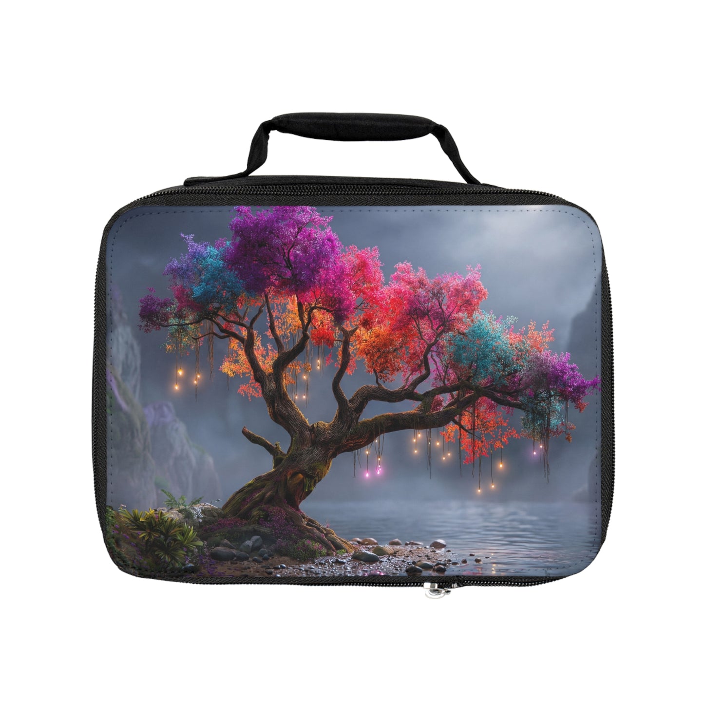 Chromatic Dream Tree Lunch Bag – Whimsical Night Glow on the Water’s Edge