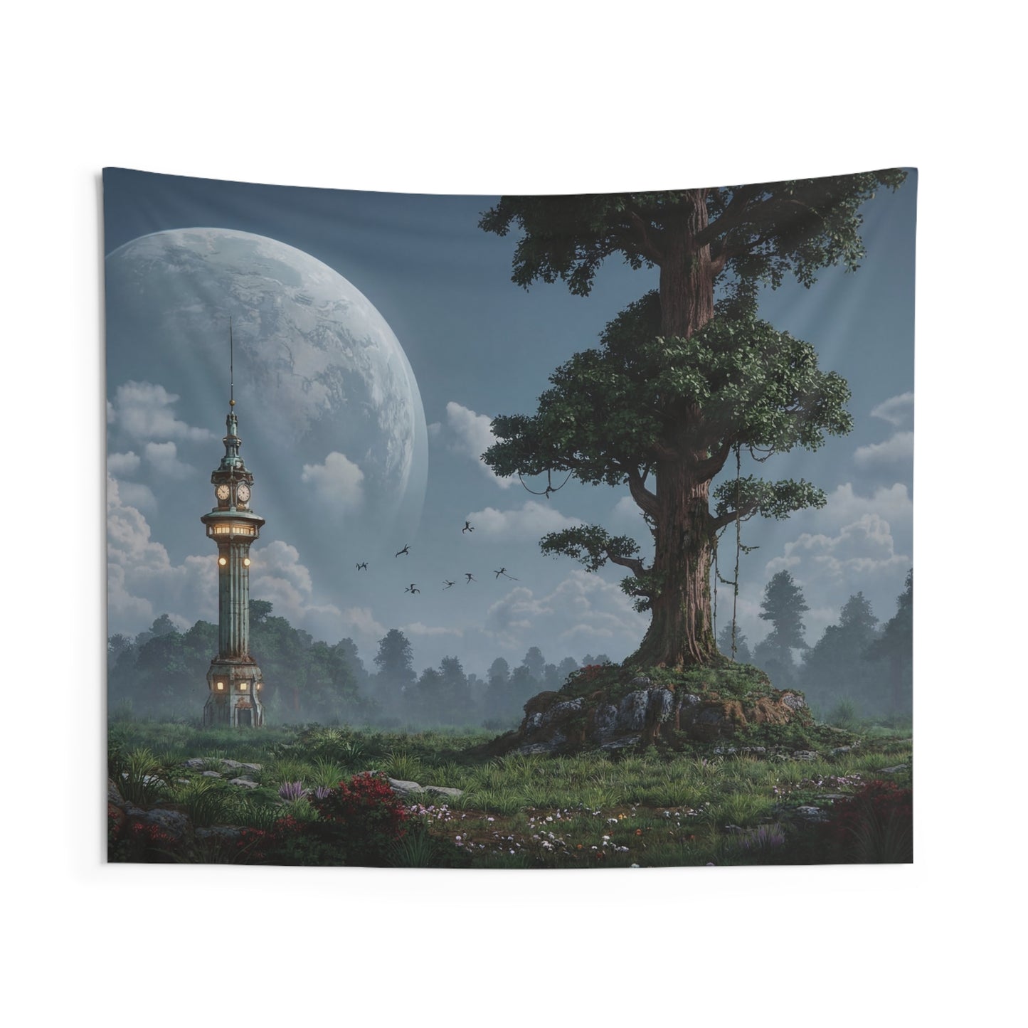 Clock Tower Under Celestial Moon Indoor Wall Tapestries – Whispering Forest Hours