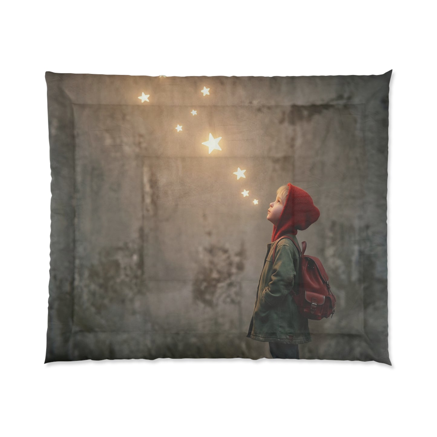 Child Gazing at Star Constellation Comforter – Warm Glow Against Urban Walls