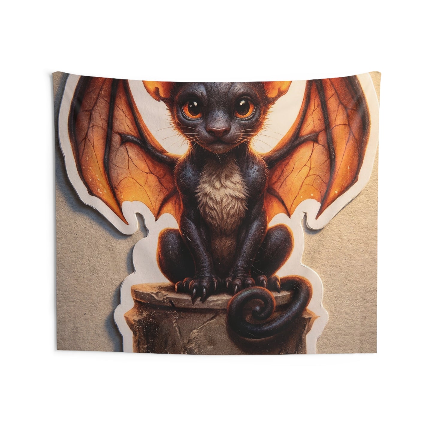 Winged Feline Sentinel Indoor Wall Tapestries – Warm Glow in Midnight Wings