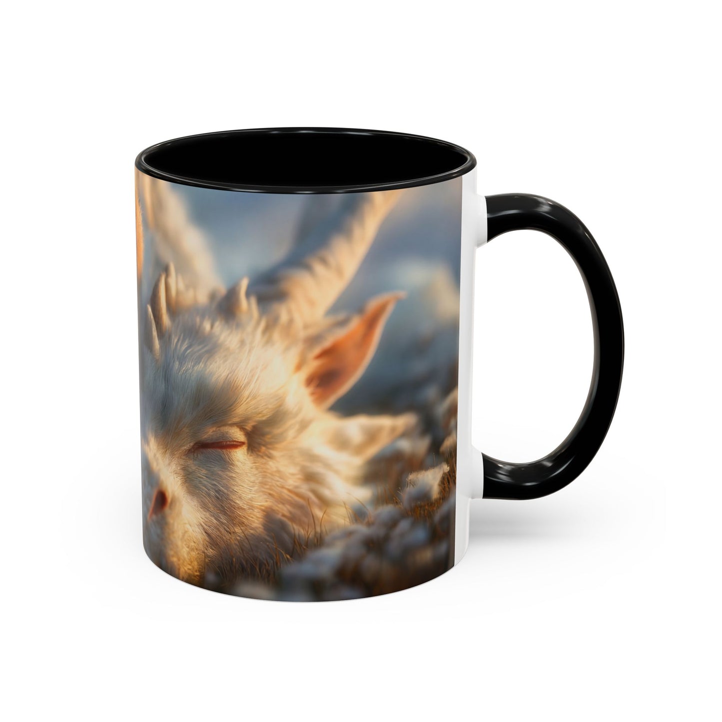 Winter Guardian Accent Coffee Mug (11, 15oz) – Fur-Hooded Child Sleeping Beside White Dragon Sentinel