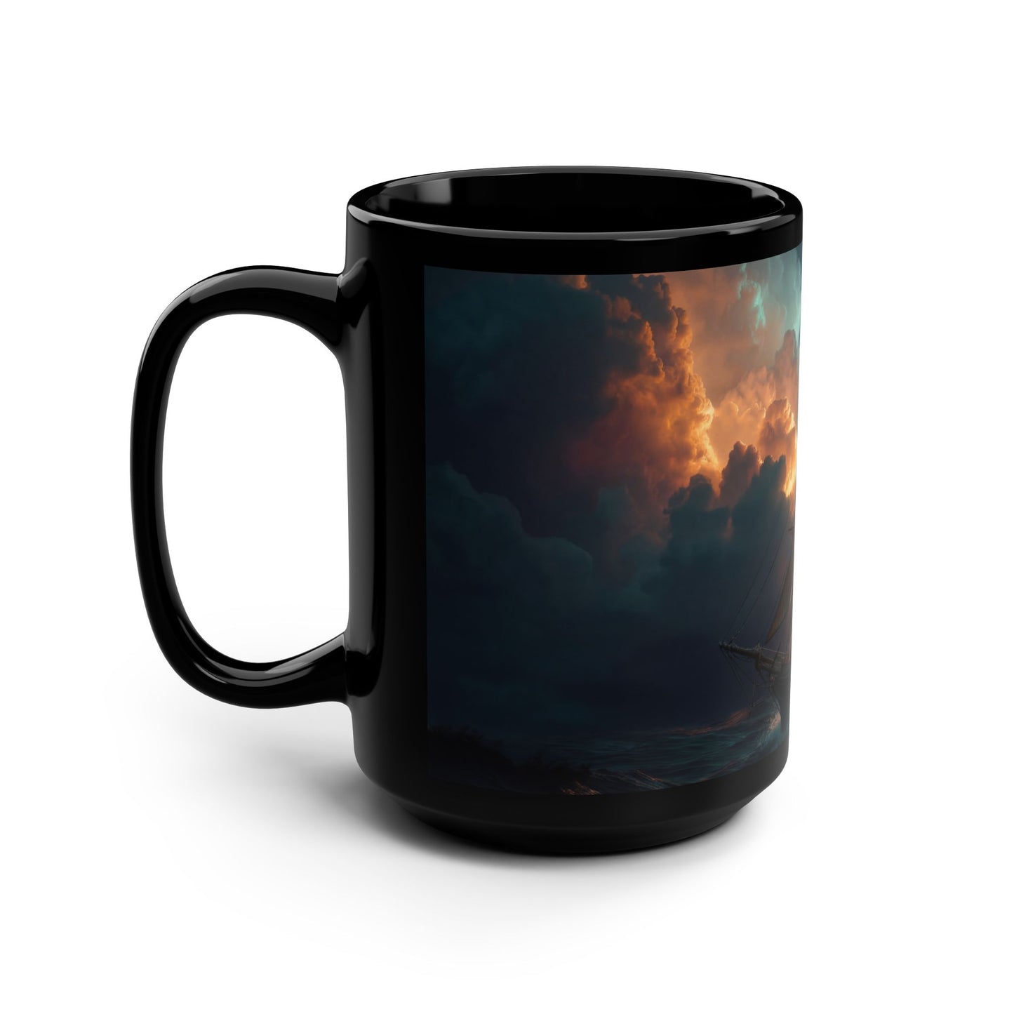 Stormlit Galleon Black Mug, 15oz – Golden Dawn at Sea