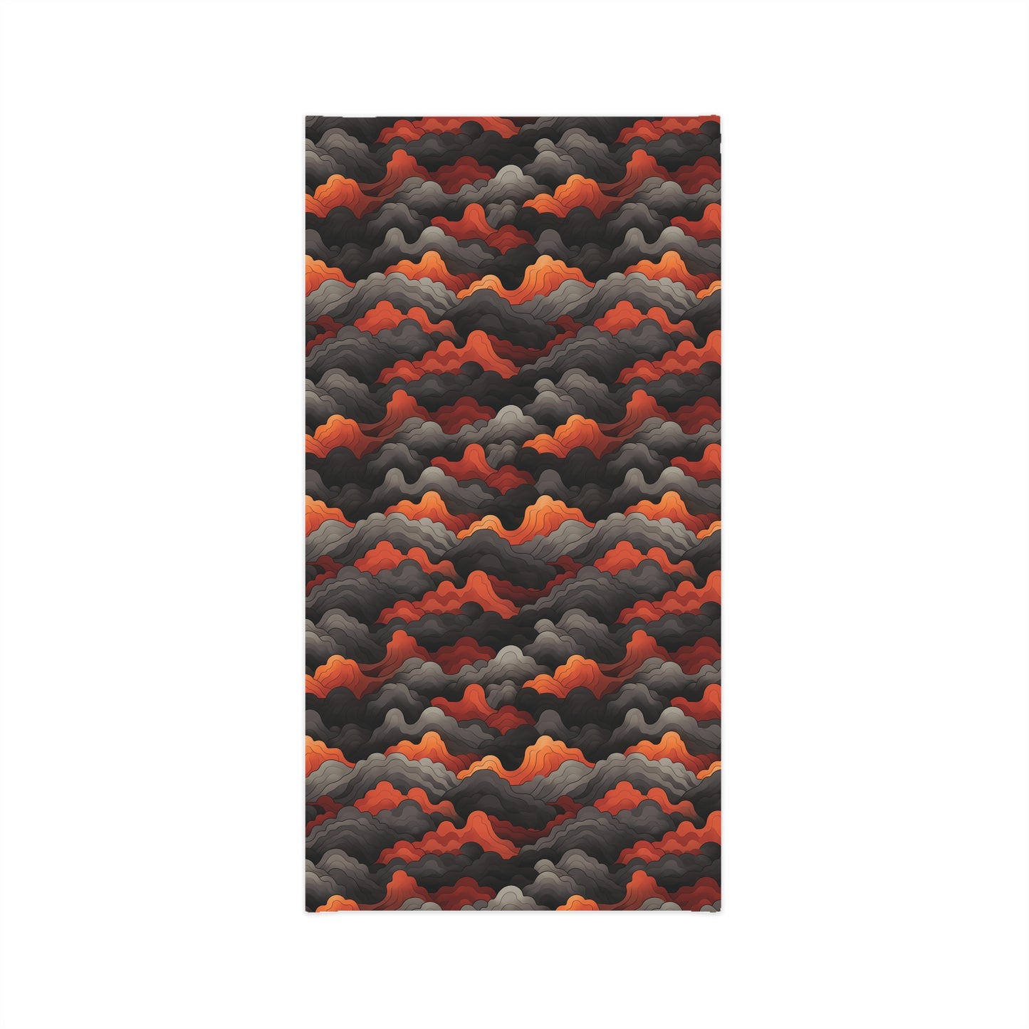 "A bold tiling pattern of angular, zig-zagging lines suggesting flames in red and orange tones overlaid on clouds of gray and black smoke" - Lightweight Neck Gaiter