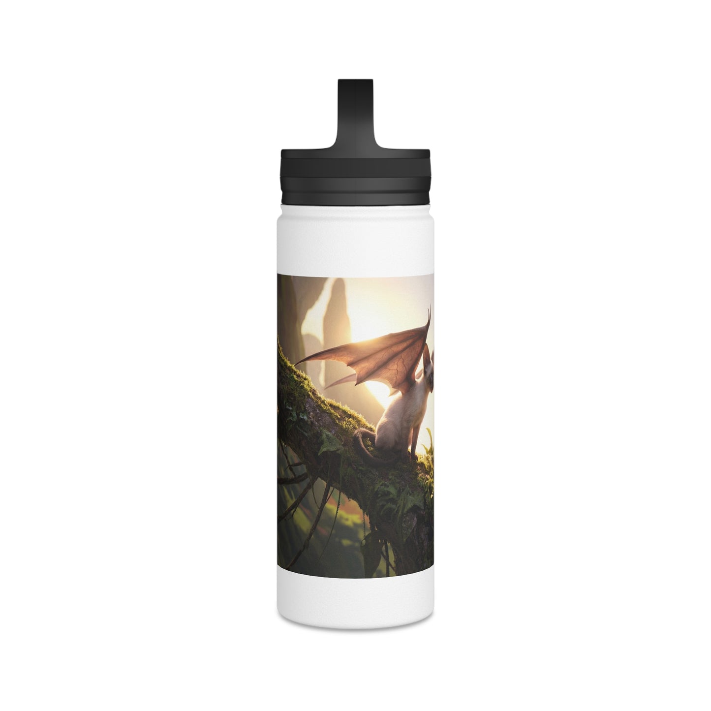 Winged Siamese Kittens Stainless Steel Water Bottle, Handle Lid – Morning Light in the Ancient Grove