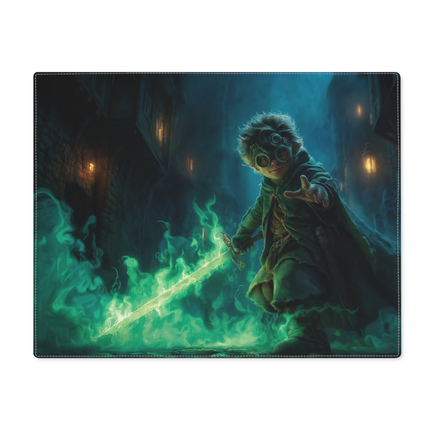 Goggles-Wielding Apprentice Placemat – Emerald Blade in Cobblestone Alley