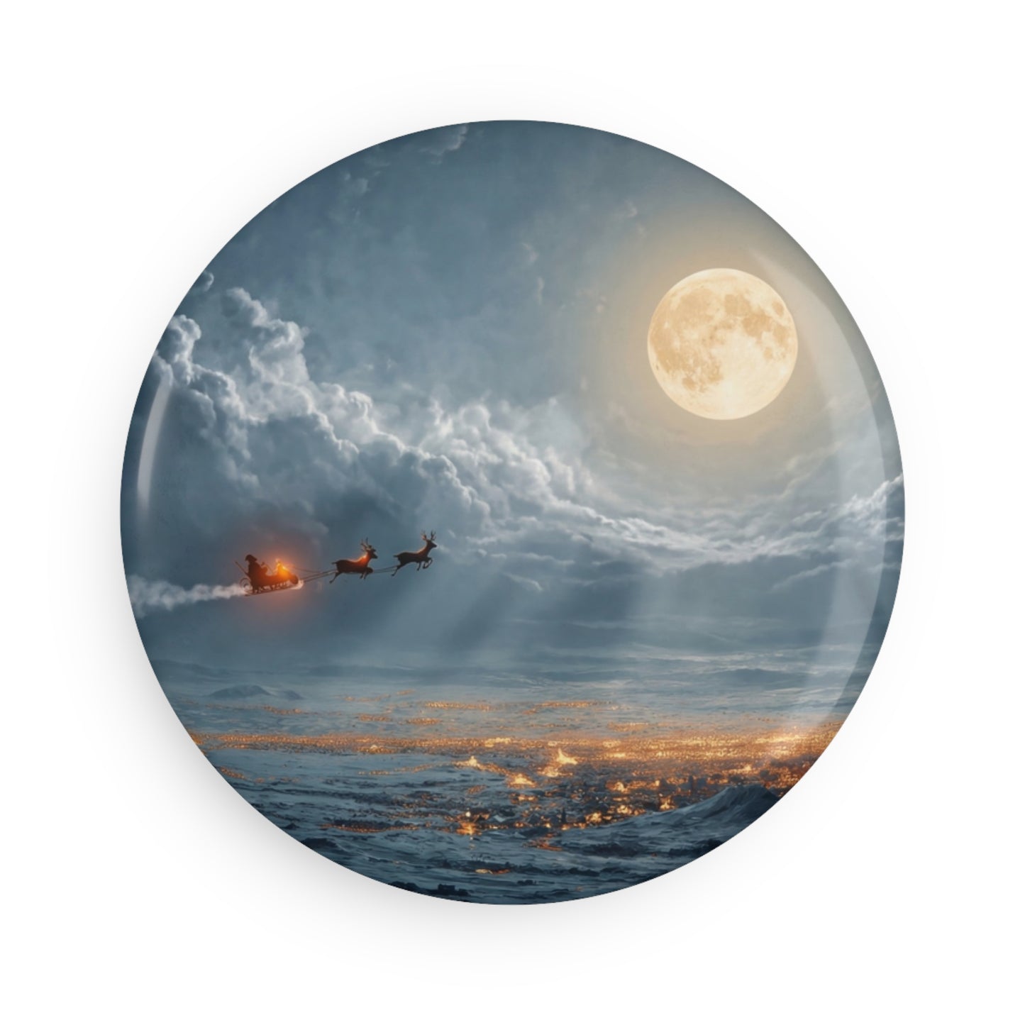 Midnight Sleigh Ride Button Magnet, Round (1 & 10 pcs) – Lunar Glow Over Winter Town