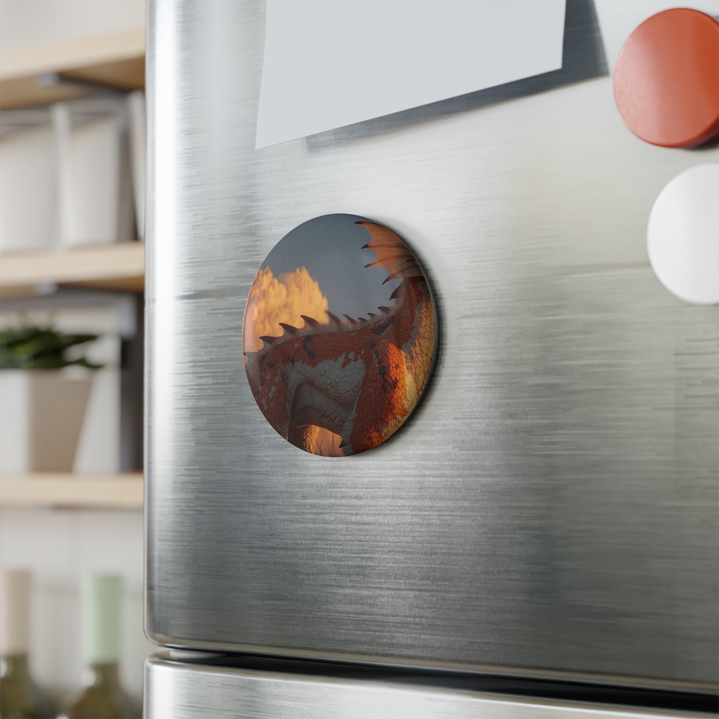 Sunset Dragon Button Magnet, Round (1 & 10 pcs) – Golden Hour Guardian
