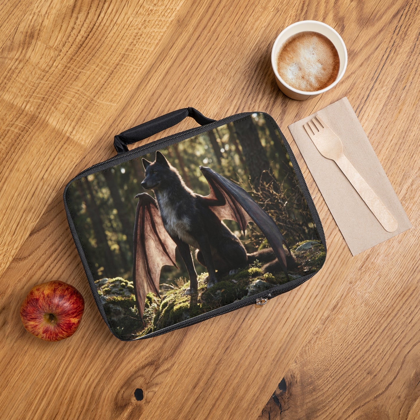 Winged Wolf in Sunlit Forest Lunch Bag – Guardian of the Mossy Glade