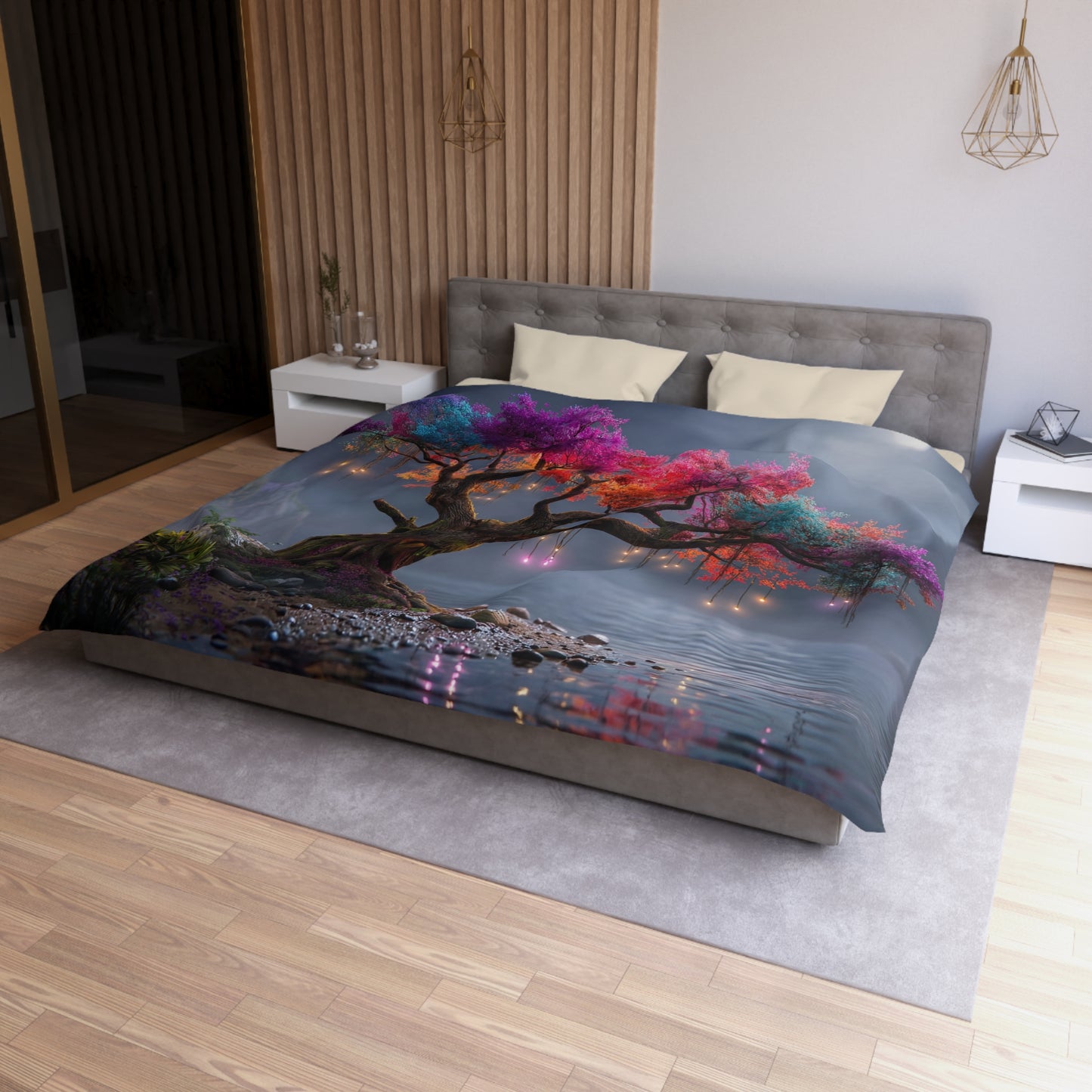 Rainbow Canopy Tree Microfiber Duvet Cover – Moonlit Riverbank Dreamscape