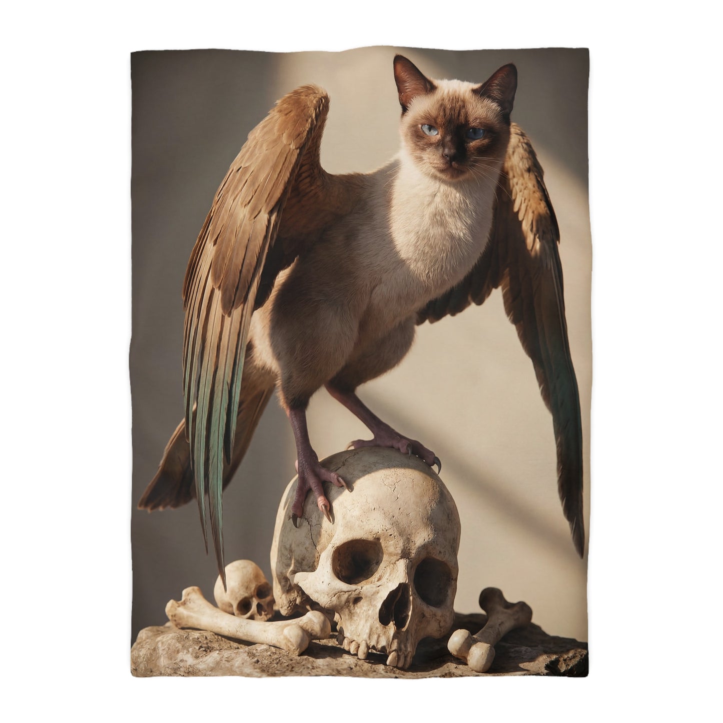 Winged Siamese Sentinel Microfiber Duvet Cover – Sunlit Bone Throne Dreamscape